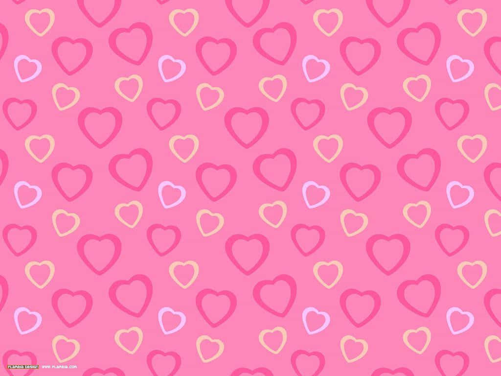 Cute Love Heart 桌布 壁紙 — 一個充滿粉紅色、黃色和白色柔和色調的散落輪廓心形的愉快粉紅色背景。