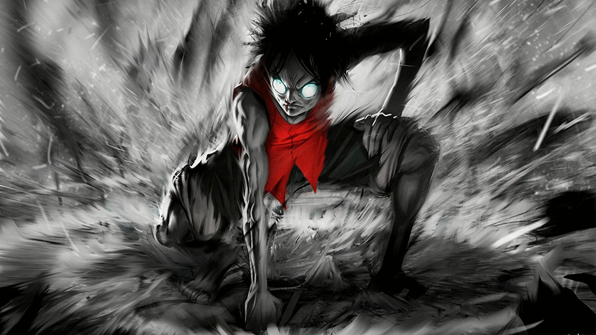 Scary Anime Boy 桌布 壁紙 — 一個充滿粗獷風格的動漫角色，擁有發光的眼睛和紅色圍巾，在動態的黑白場景中衝破破碎的碎片向前衝刺。