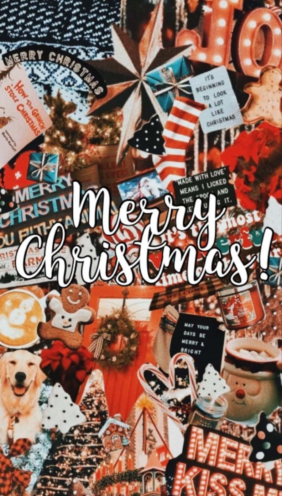 Tumblr Christmas 桌布 壁紙 — 一個充滿紅色、金色和白色節日元素（如裝飾品、燈飾、餅乾和歡樂文字）的節日聖誕拼貼畫。