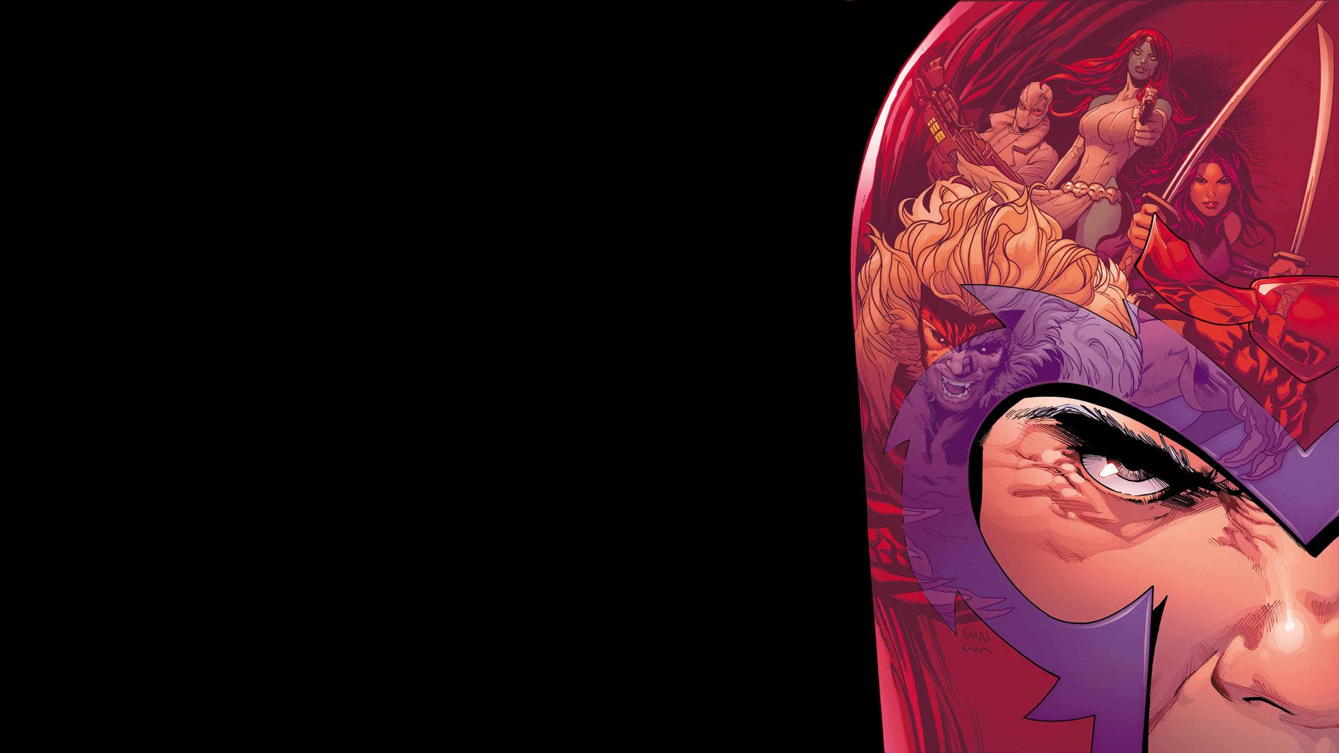 Magneto 桌布 壁紙 — 一個充滿紅色和紫色色調的戲劇性動漫風格漫畫面板，展示了一位女戰士的強烈眼神和周圍兇猛的角色。