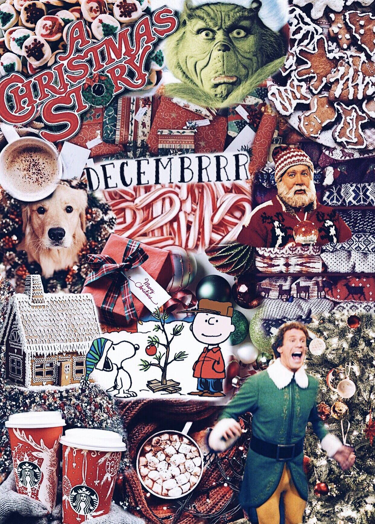 Christmas Collage 桌布 壁紙 — 一個充滿聖誕圖標的節日拼貼畫，包括鬼靈精、史努比和 shelf 上的小精靈，周圍環繞著薑餅曲奇、熱可可和節日裝飾。
