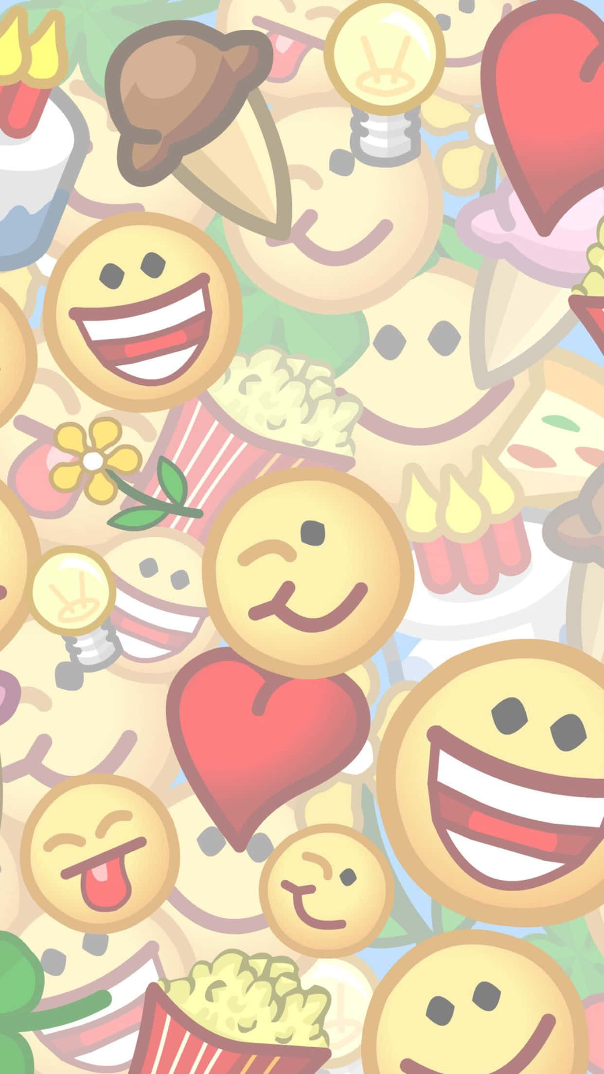 Cute Emoji 桌布 壁紙 — 一個充滿色彩繽紛卡通表情符號（如笑臉、愛心和爆米花）的歡樂桌布，以俏皮散落圖案呈現。
