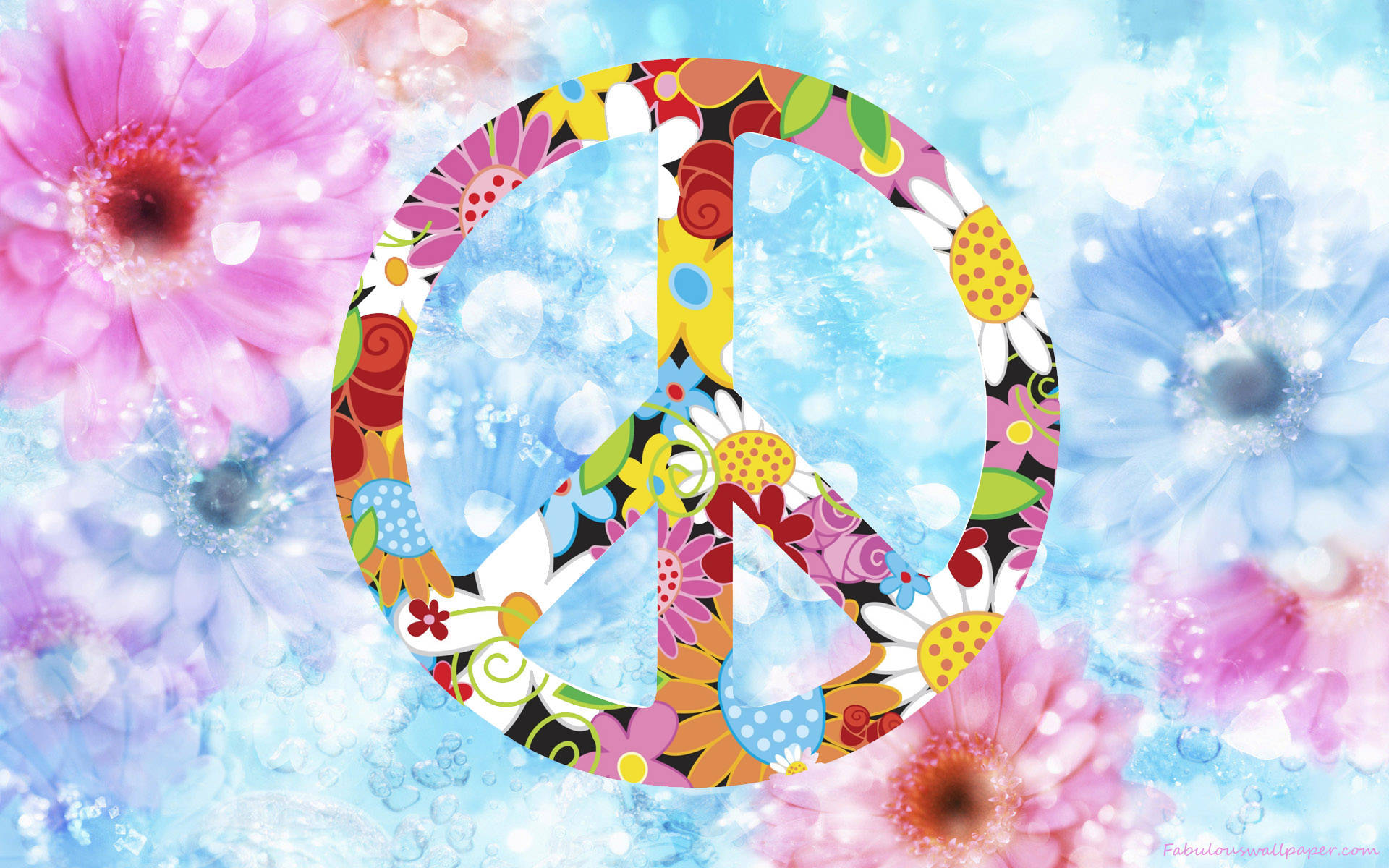 Peace Symbol 桌布 壁紙 — 一個充滿花卉圖案的彩色和平標誌，在閃爍的天空背景下漂浮在發光的粉紅色和藍色花朵之間。