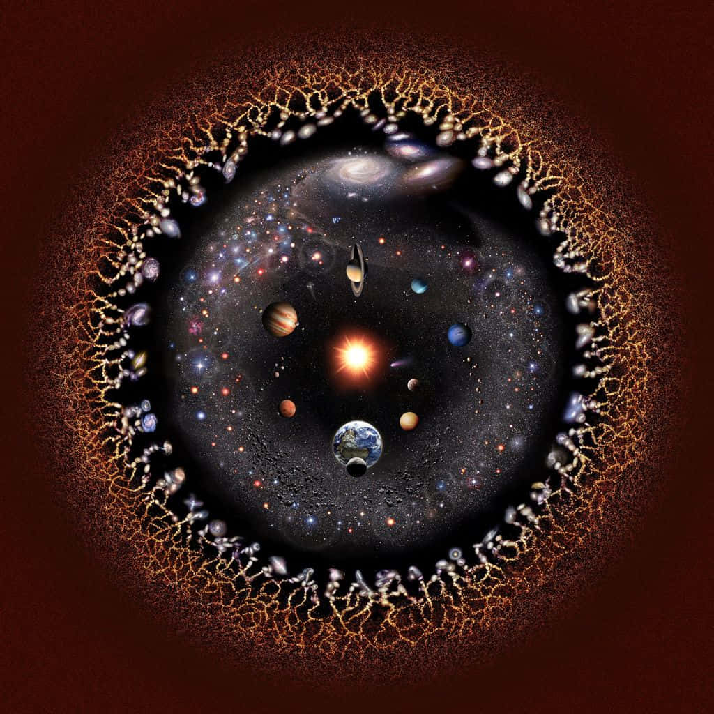 Galactic Center 桌布 壁紙 — 一個充滿行星、恆星和星系的宇宙球體，被發光的金色絲線環繞，背景是深紅色。