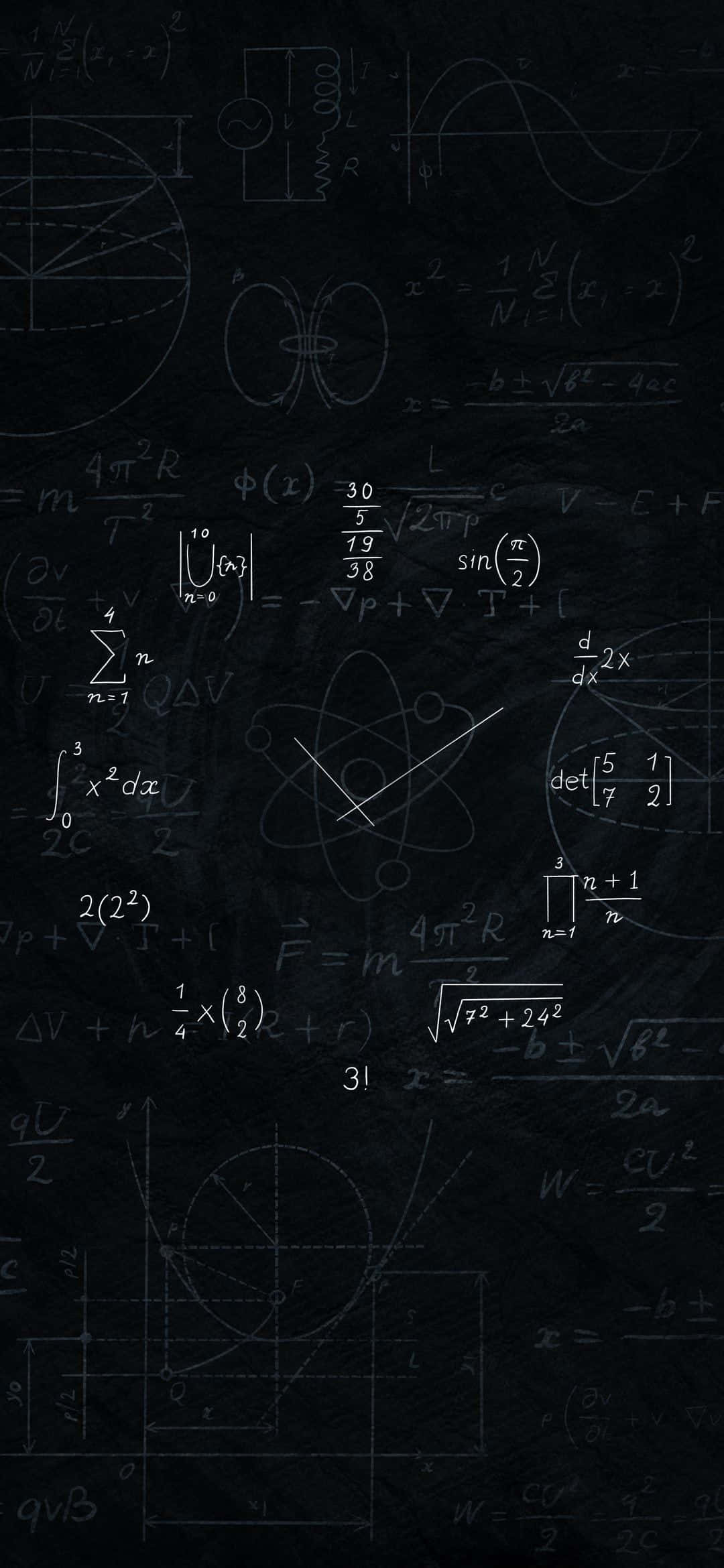 Cool Math 桌布 壁紙 — 一個充滿複雜數學方程式、物理公式和科學圖表的黑板，白色字樣在深色背景上。