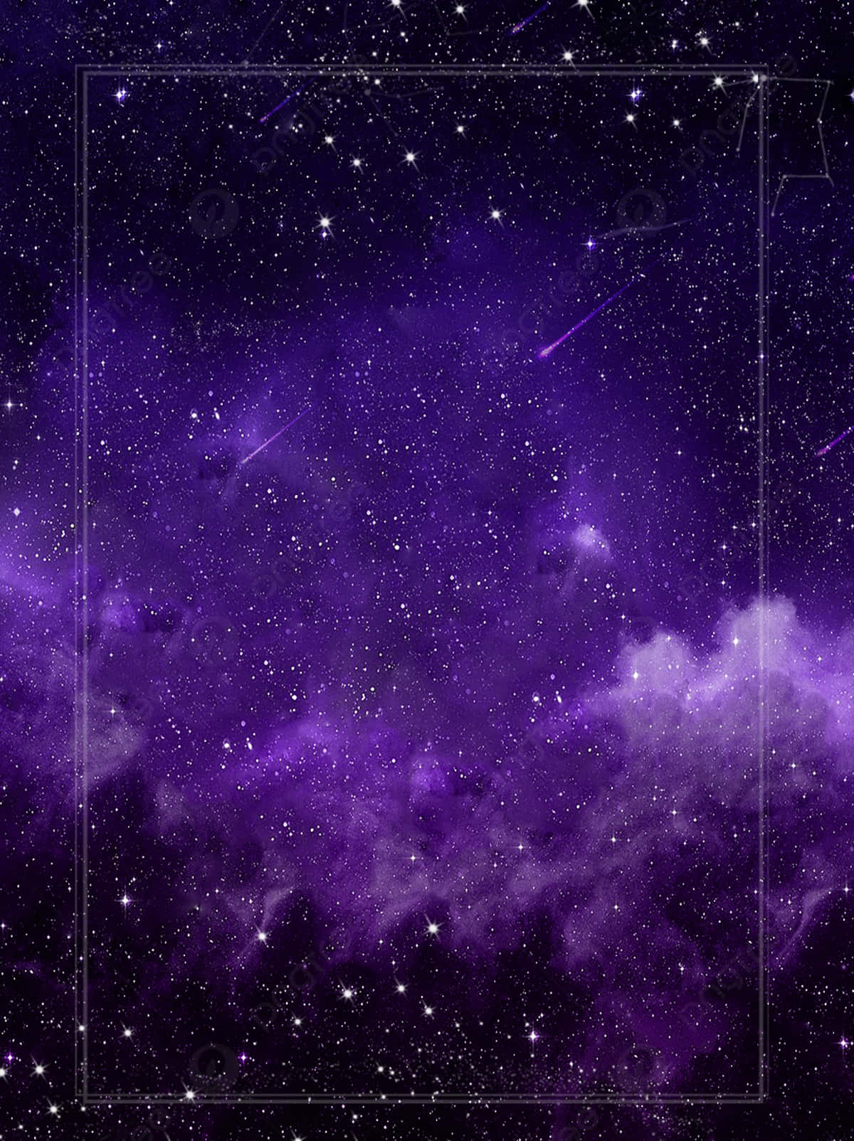 Purple Star 桌布 壁紙 — 一個充滿閃爍星星和劃過流星的鮮豔紫色星系，由精緻的白色邊框框住。