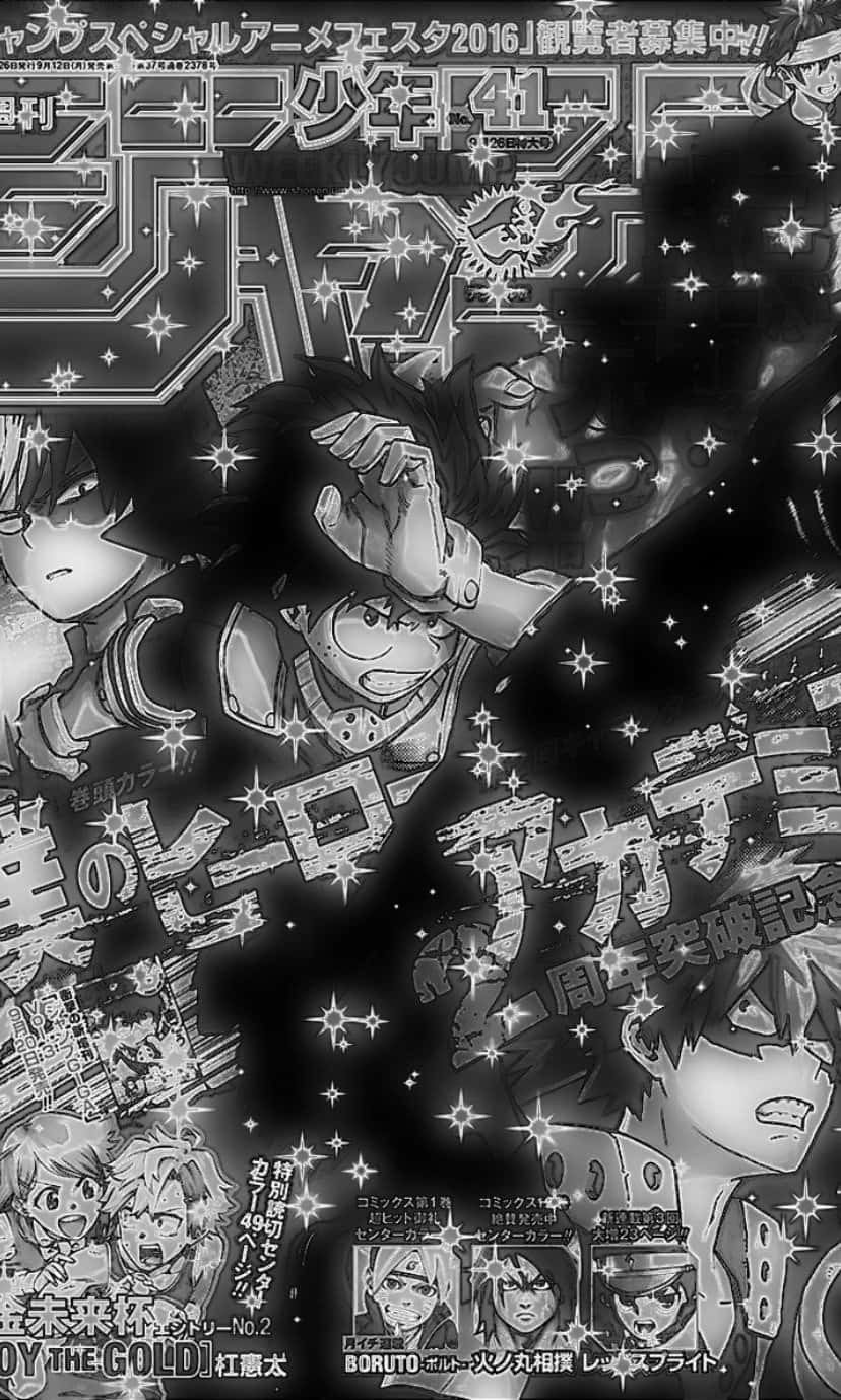 Cyber Y2k 桌布 壁紙 — 一個充滿閃爍星星和多個動漫角色擺出動作姿勢的動態黑白漫畫封面。