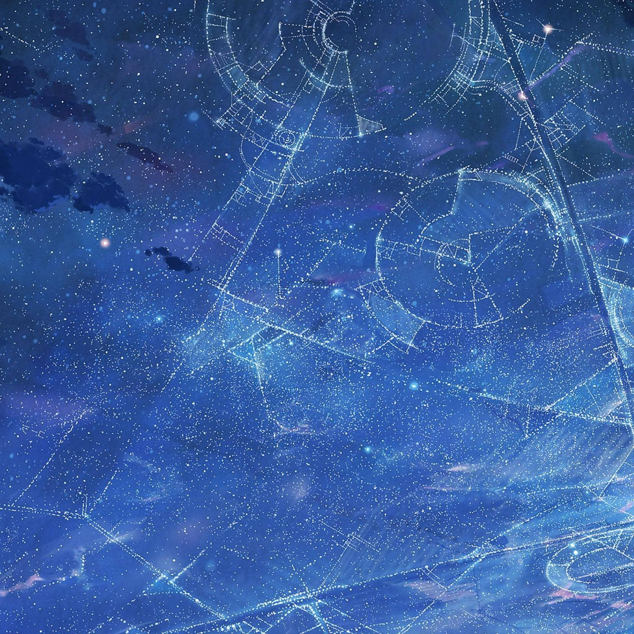 美學 iPad 壁紙 桌布 壁紙 — 一個充滿閃爍星星和複雜幾何星座形成天體圖案的宇宙藍色夜空。