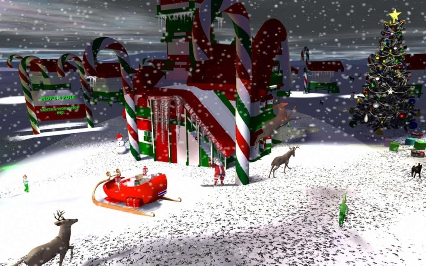 North Pole 桌布 壁紙 — 一個充滿雪景的奇幻聖誕場景，有拐杖糖建築、馴鹿和雪橇在飄雪中。