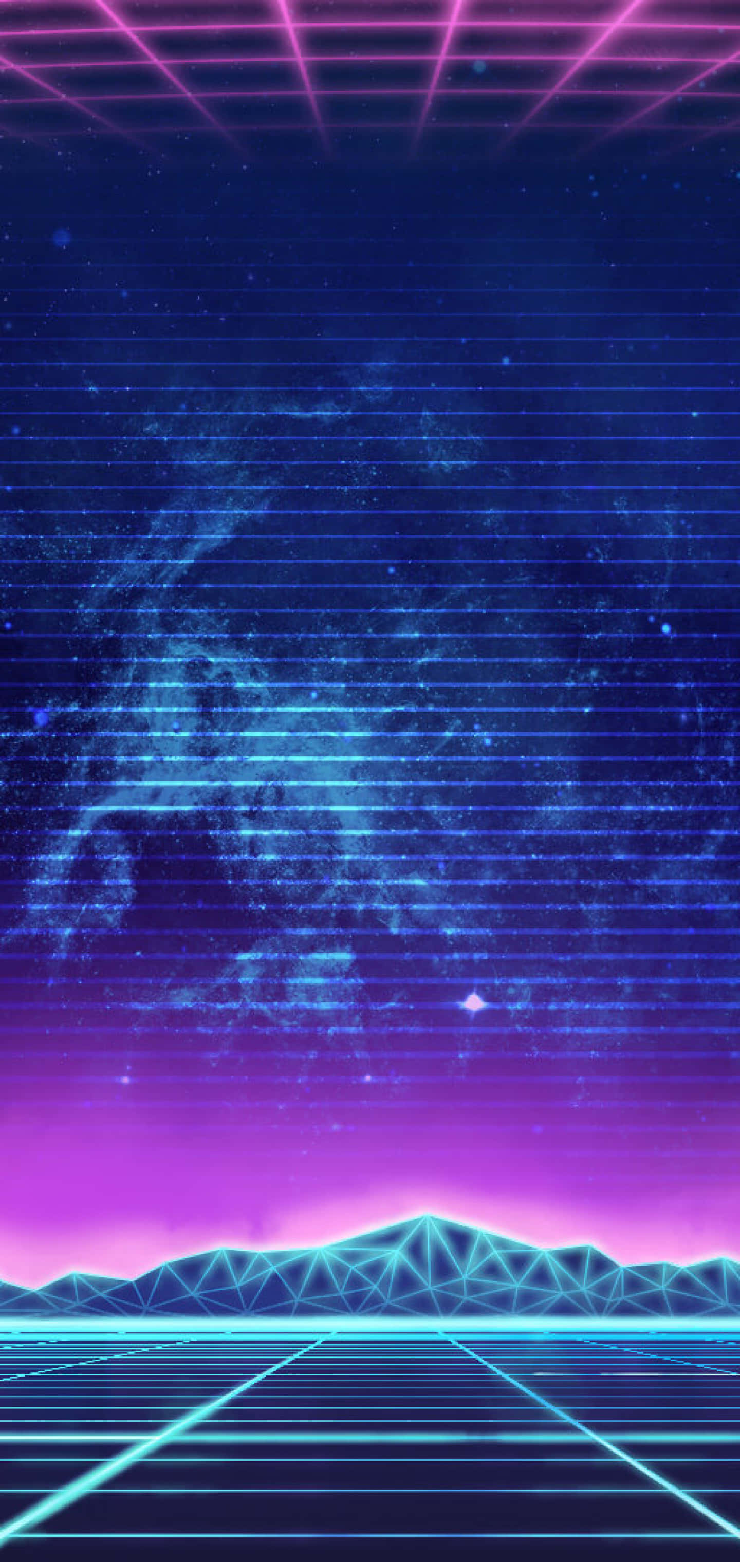 iPhone Neon 桌布 壁紙 — 一個充滿霓虹燈光的復古未來主義景觀，帶有發光的網格線、紫色和藍色的天空，以及在星光數位天空下的幾何山脈。