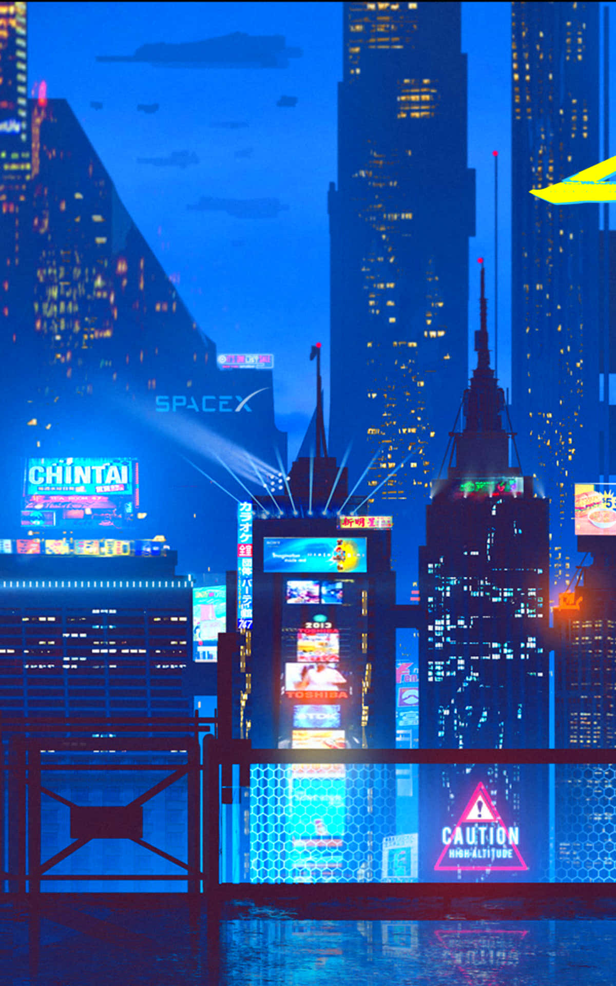 Pixel 3 Cyberpunk 2077 桌布 壁紙 — 一個充滿霓虹燈光的未來主義城市夜景，高聳的摩天大樓在深藍色天空下閃耀。