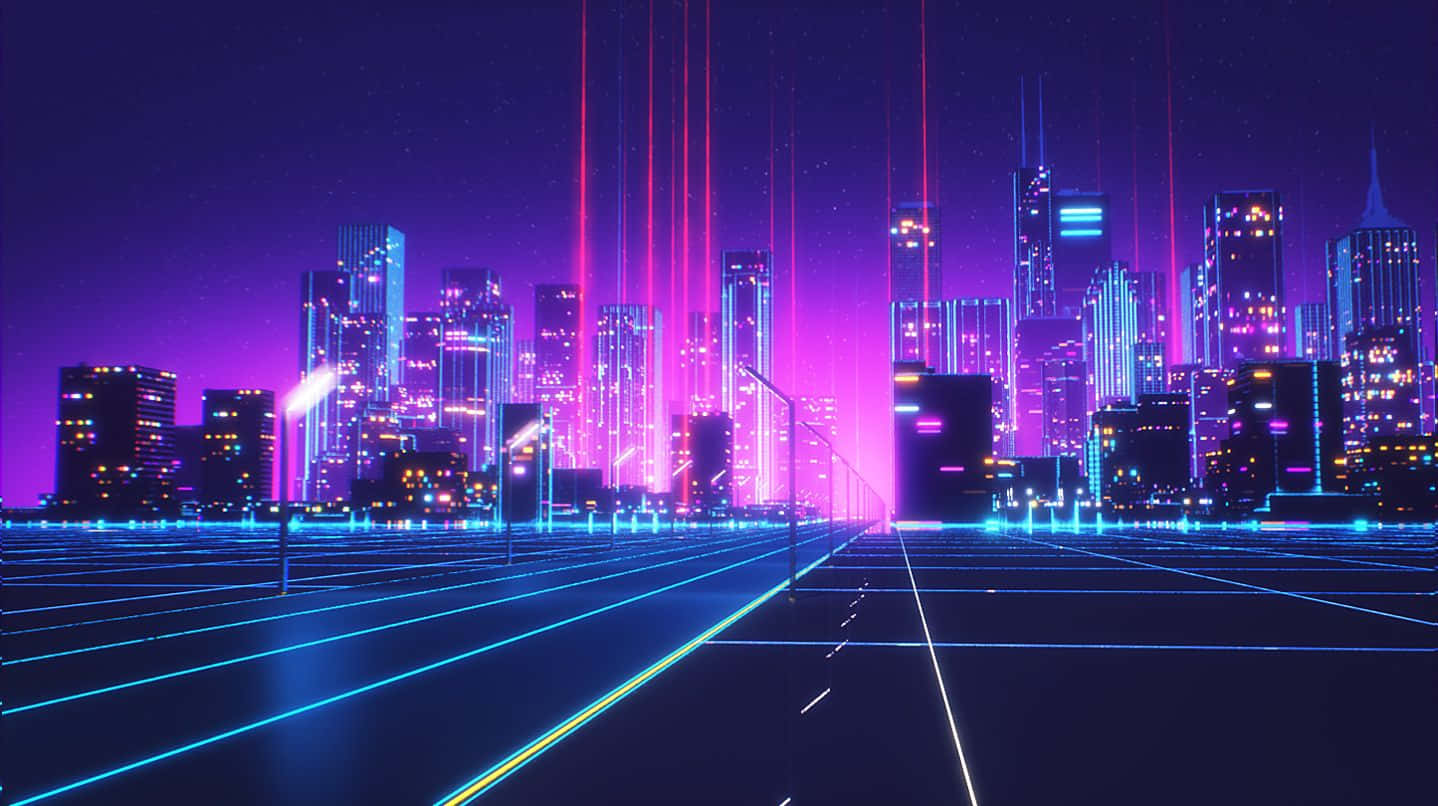 Synthwave City 桌布 壁紙 — 一個充滿霓虹燈光的未來主義夜景城市景觀，發光的摩天大樓和耀眼的光跡在遠方匯聚。