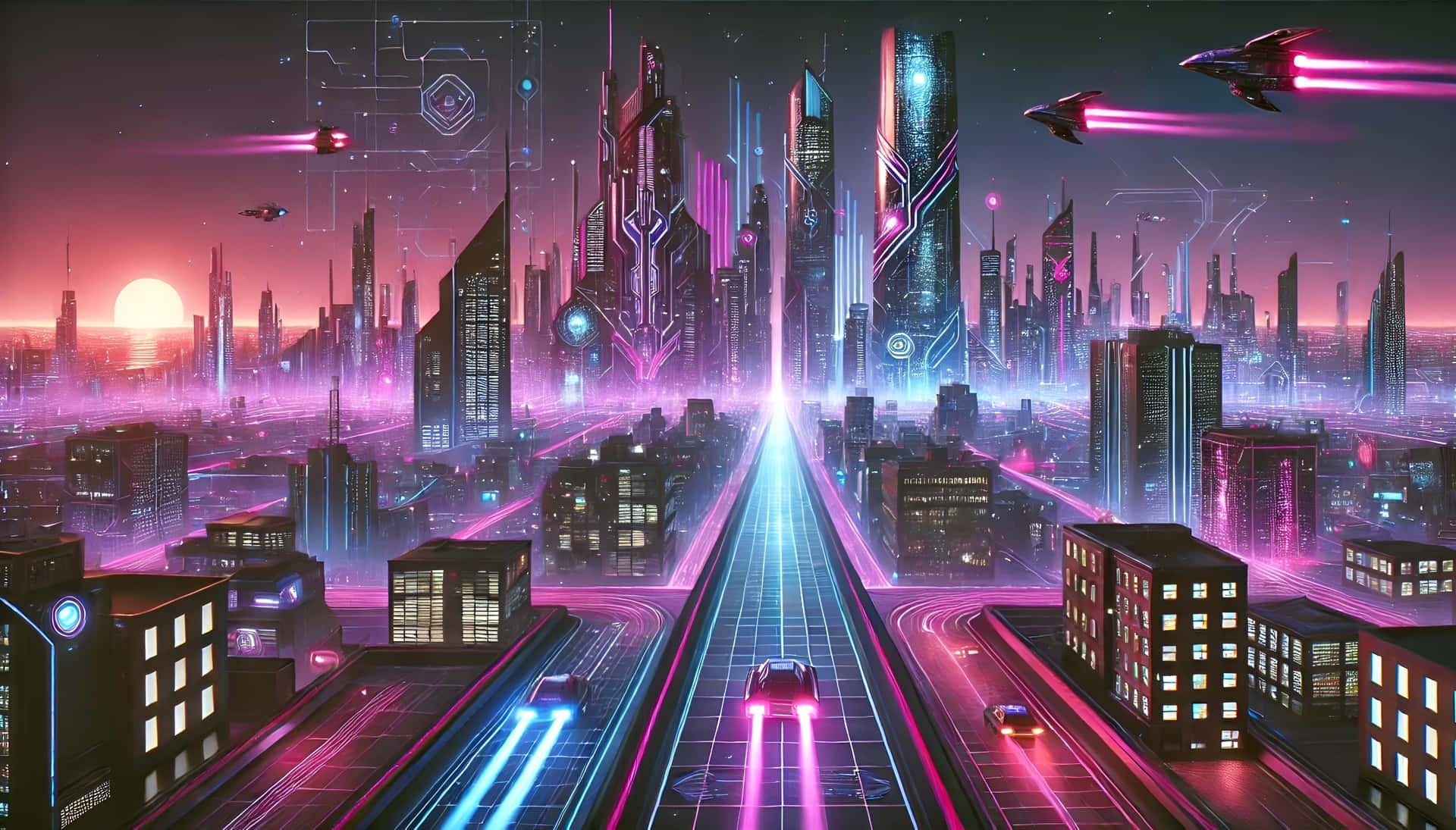 Vivid Futuristic City at Night 壁紙 — 一個充滿霓虹燈光的賽博龐克城市景觀，日落時分有飛車和發光的摩天大樓。