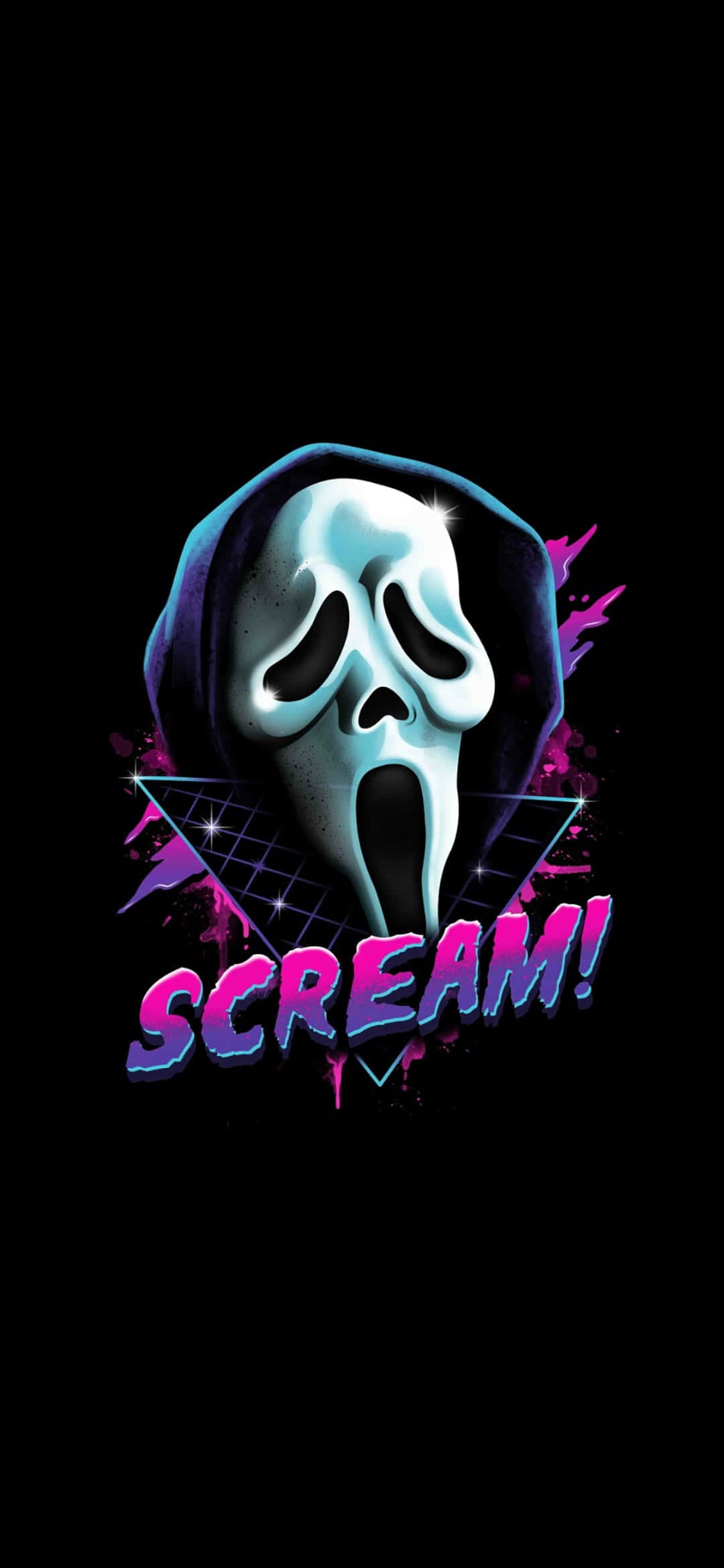 Ghostface Aesthetic 桌布 壁紙 — 一個充滿霓虹燈光的鬼臉面具，發光的眼睛和嘴巴在黑色背景上尖叫，伴隨著鮮豔的紫色和藍色潑濺，以及發光字母拼成的scream字樣。