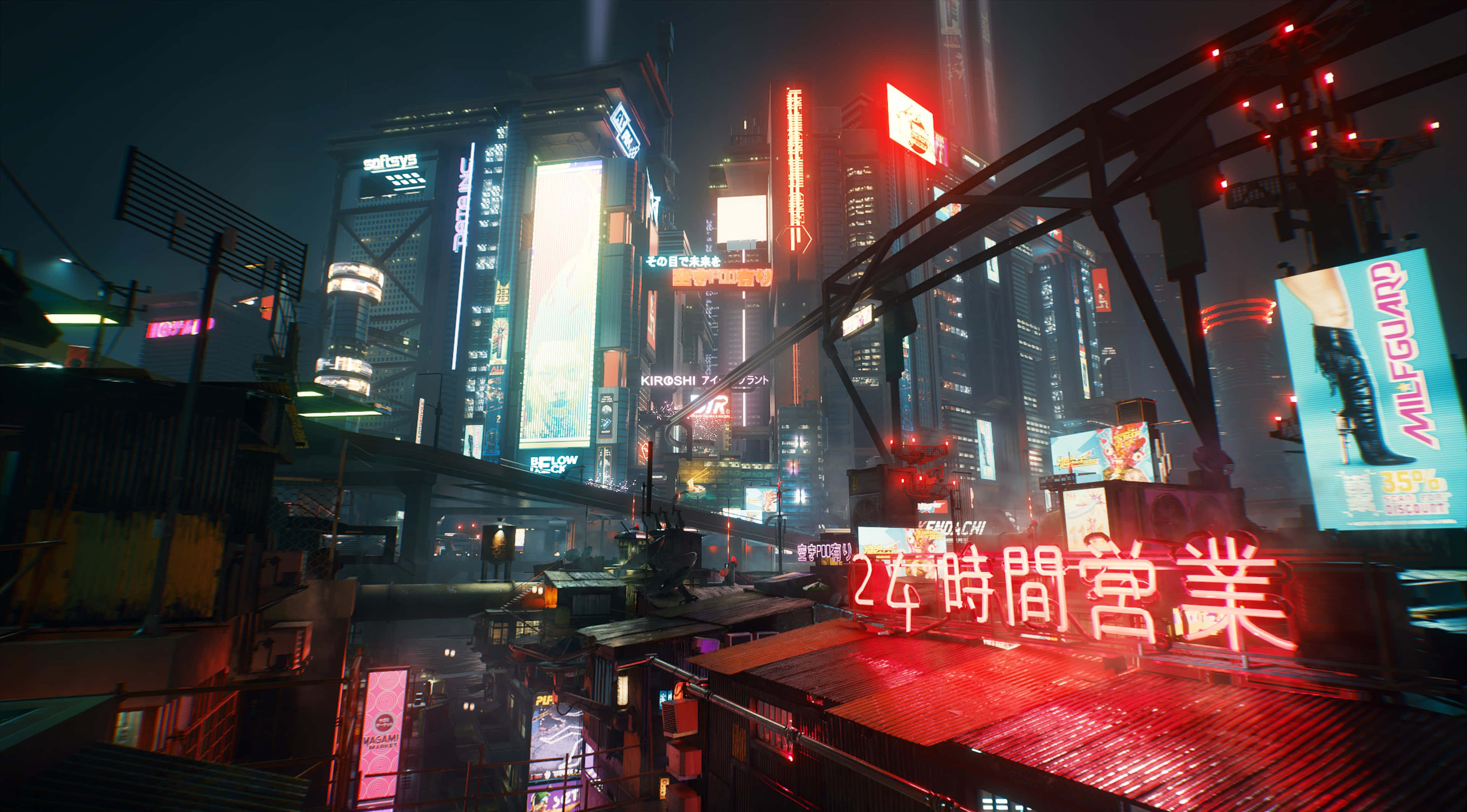 Sci Fi Games 桌布 壁紙 — 一個充滿霓虹燈的 cyberpunk 城市夜景，高聳的摩天大樓和發光的廣告牌在濕漉漉的街道上反射。
