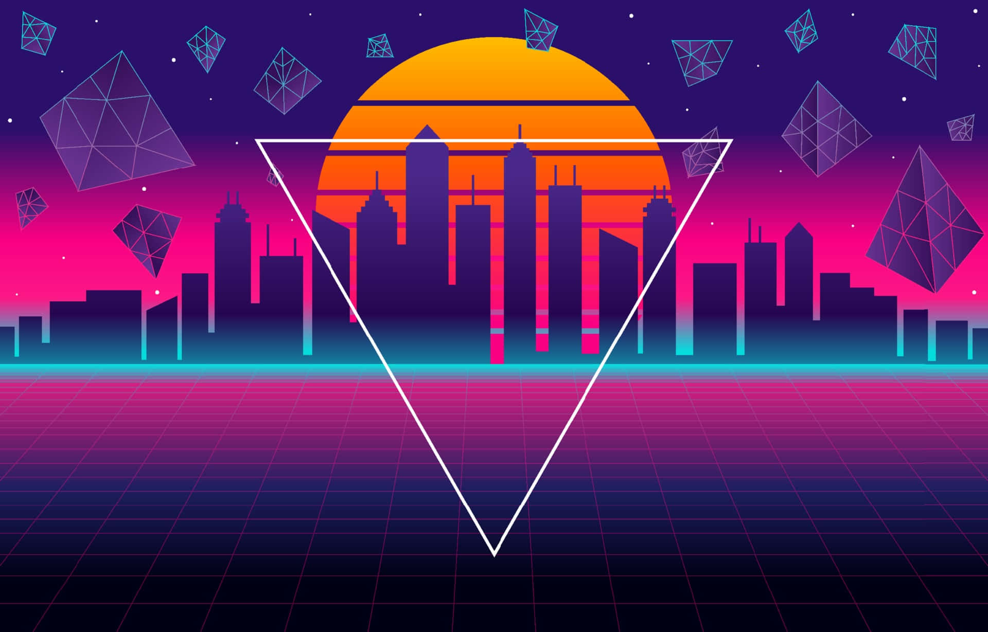 Retro Futurism 桌布 壁紙 — 一個充滿霓虹燈的復古未來主義城市景觀，日落時分，幾何形狀漂浮在發光的網格之上。