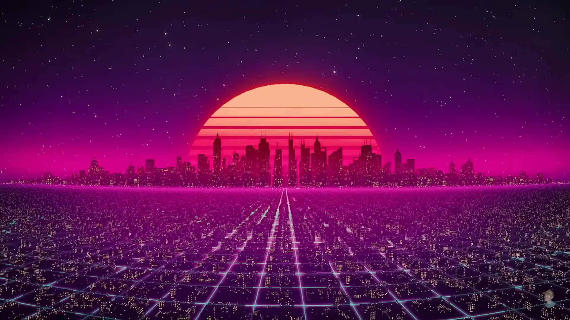 80s Vaporwave 桌布 壁紙 — 一個充滿霓虹燈的復古未來主義城市景觀，在日落時分，帶有發光的網格地板和星空。
