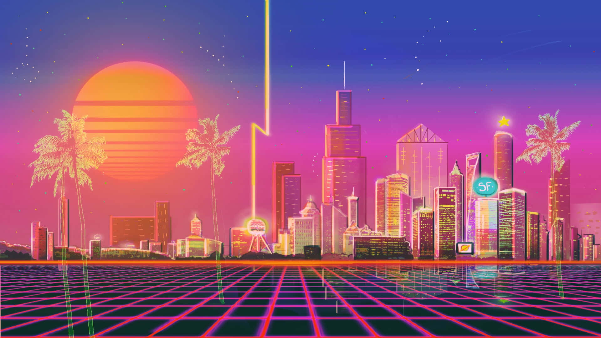 Vaporwave 桌布 壁紙 — 一個充滿霓虹燈的復古未來主義城市景觀，日落時分，棕櫚樹和發光的網格街道在星空下。