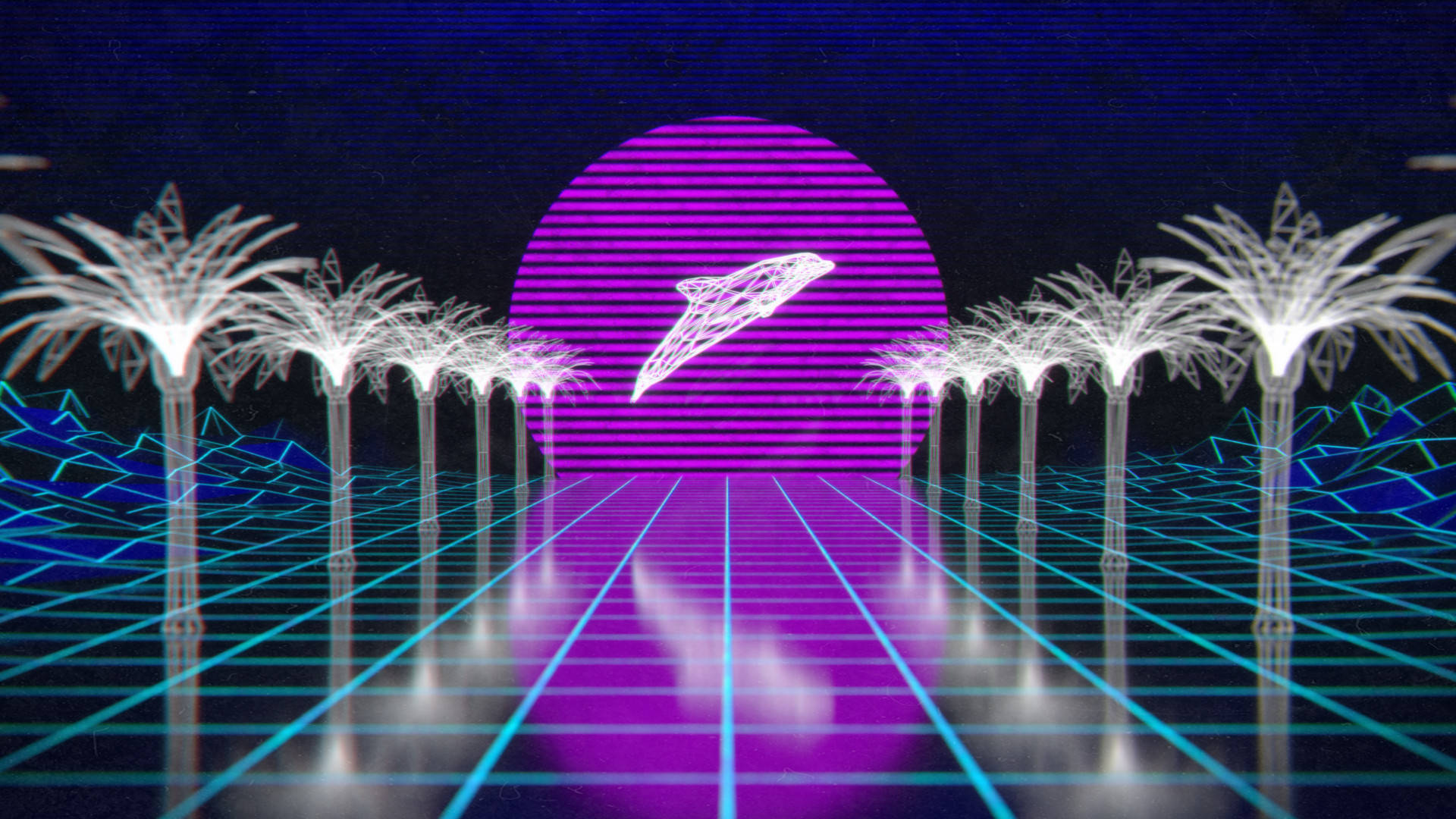 蒸氣波 桌布 壁紙 — 一個充滿霓虹燈的復古未來主義場景，發光的棕櫚樹和一個線框海豚在條紋紫色太陽前跳躍。