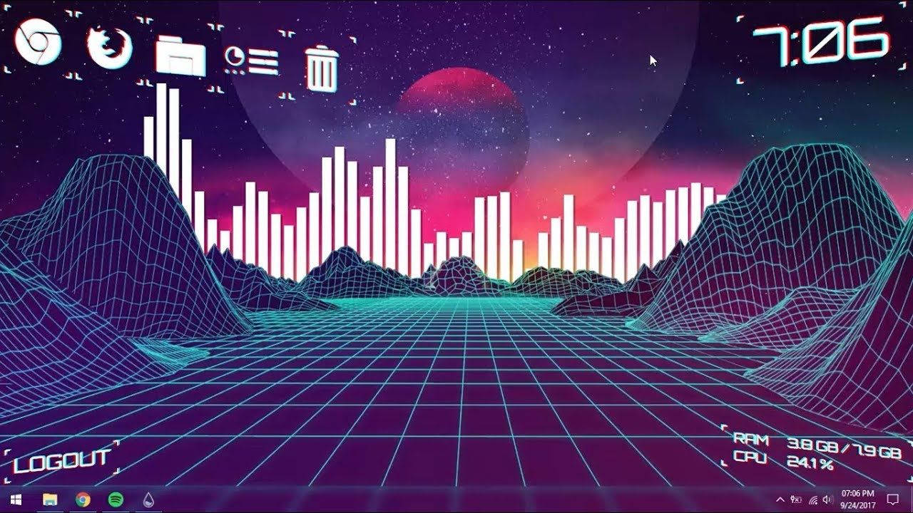 桌面美學 桌布 壁紙 — 一個充滿霓虹燈的復古未來主義景觀，有線框山脈和網格地板，星空下有一顆紅色行星。