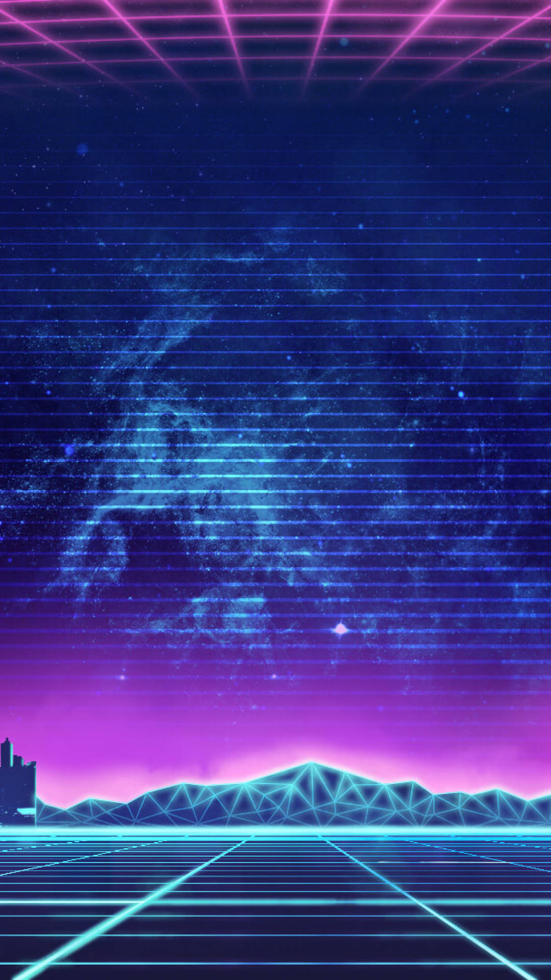 合成波 桌布 壁紙 — 一個充滿霓虹燈的復古未來主義景觀，帶有發光的網格線、紫色和藍色的天空，以及在星空數位天空下的幾何山脈。