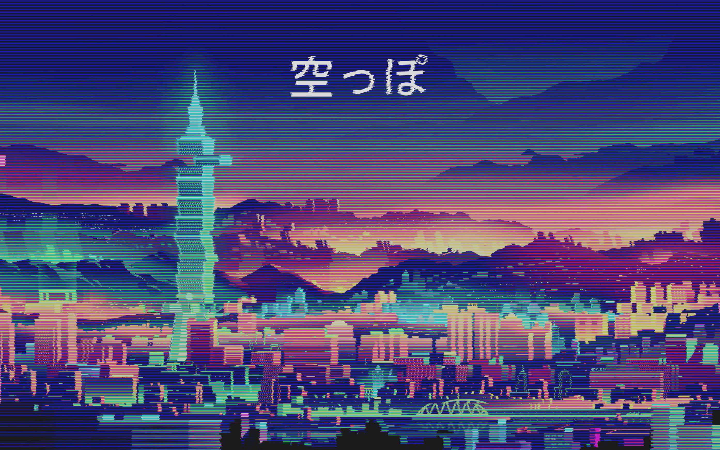 日式審美桌面 桌布 壁紙 — 一個充滿霓虹燈的復古未來主義黃昏城市景觀，帶有發光的摩天大樓和故障藝術效果。