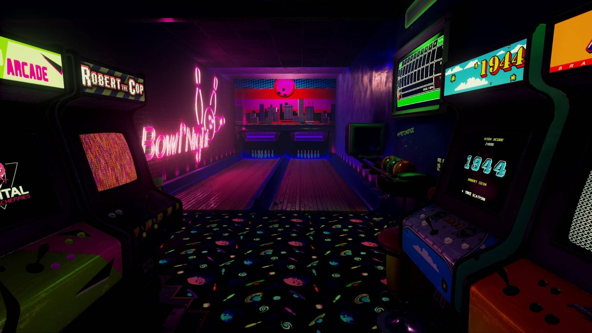 arcade 桌布 壁紙 — 一個充滿霓虹燈的復古遊戲機室，內有復古遊戲和保齡球道，在彩色燈光下閃耀。