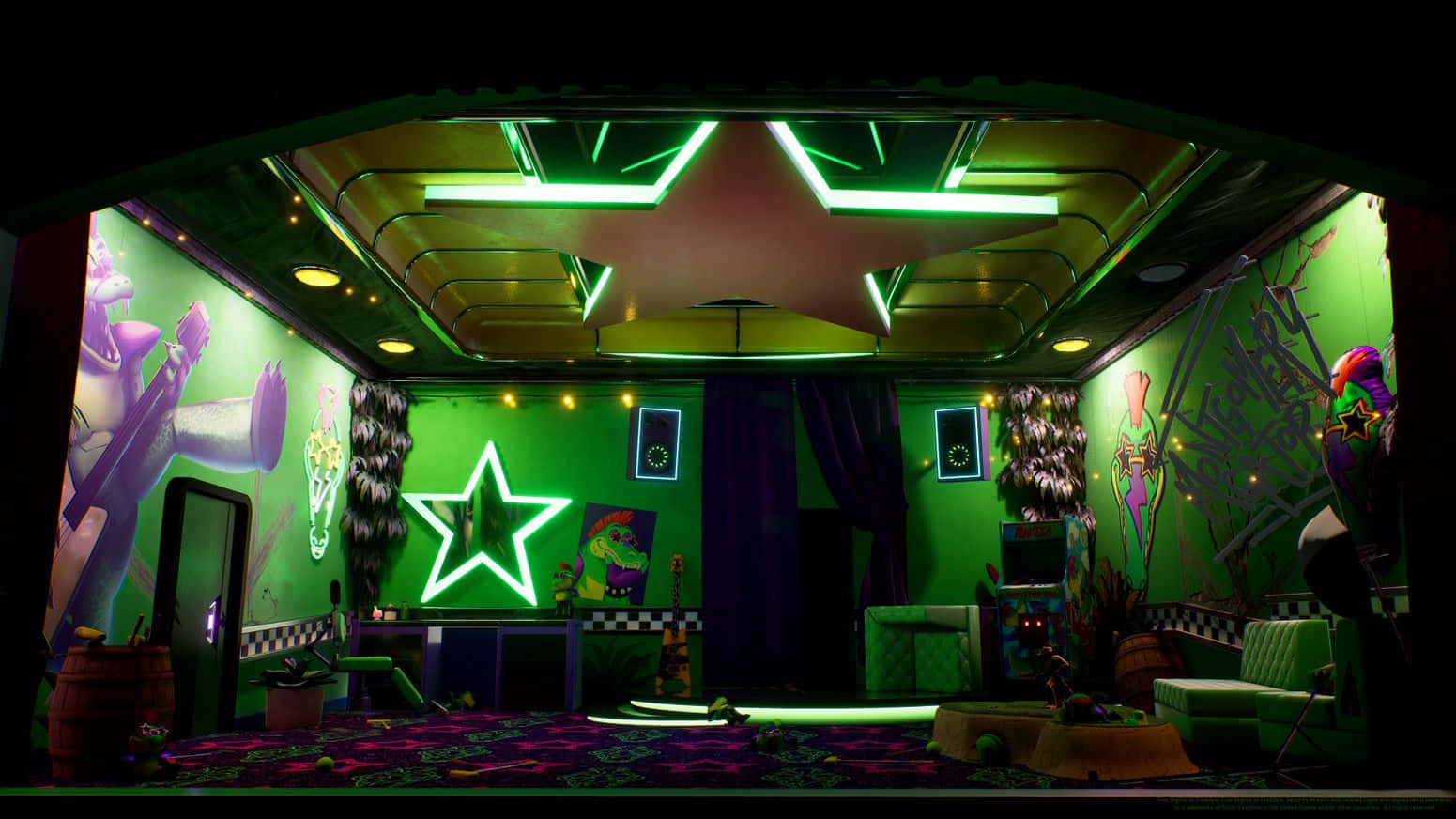 room 桌布 壁紙 — 一個充滿霓虹燈的復古遊戲機室，綠色牆壁，星空天花板和復古遊戲裝飾。