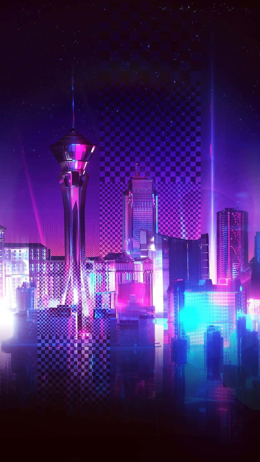 Neon City Aesthetic 桌布 壁紙 — 一個充滿霓虹燈的未來主義城市夜景，發光的摩天大樓和星空倒映在濕漉漉的街道上。