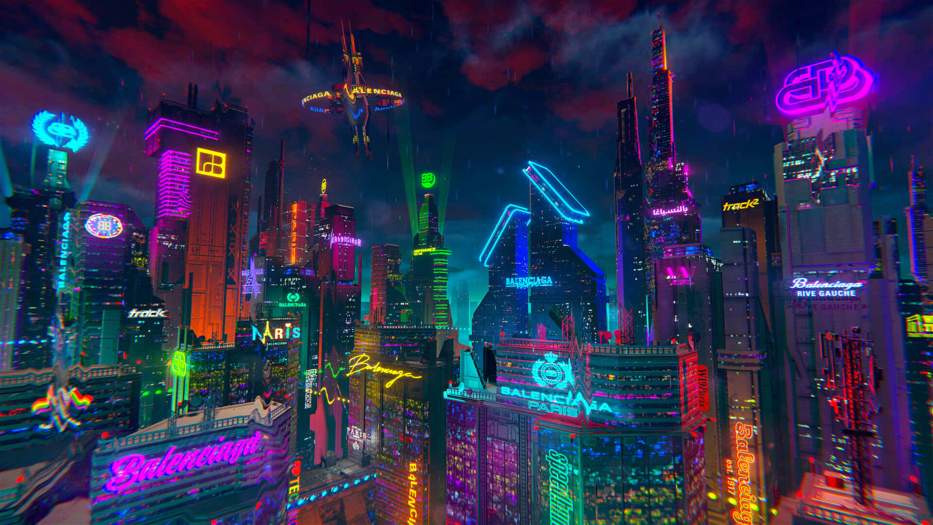 巴黎世家 桌布 壁紙 — 一個充滿霓虹燈的未來主義城市夜景，高聳的摩天大樓在暴風雨的天空下發出電光色調的光芒。