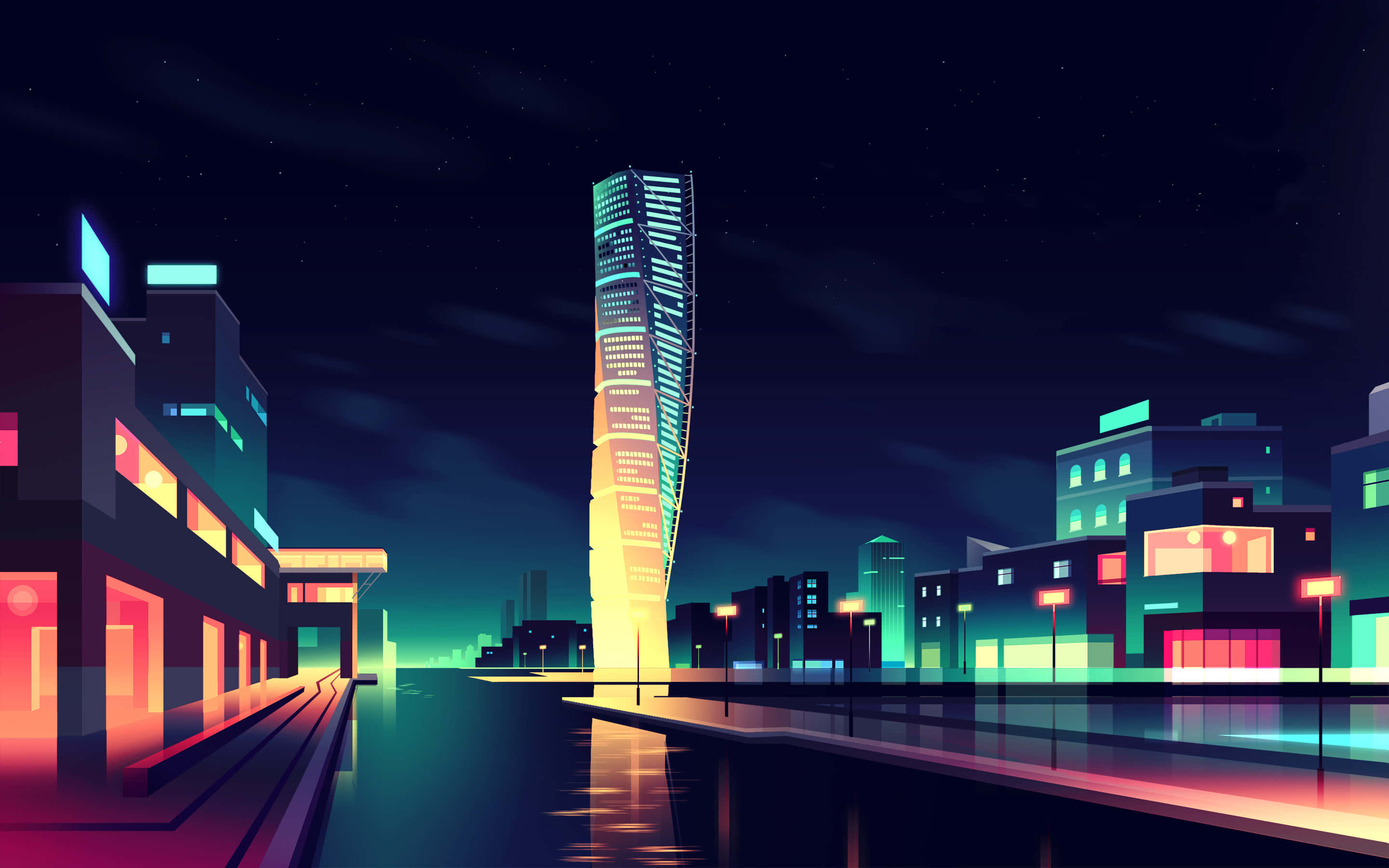 藝術 桌布 壁紙 — 一個充滿霓虹燈的未來城市夜景，一座高聳的摩天大樓在星空下閃爍著彩虹色調。