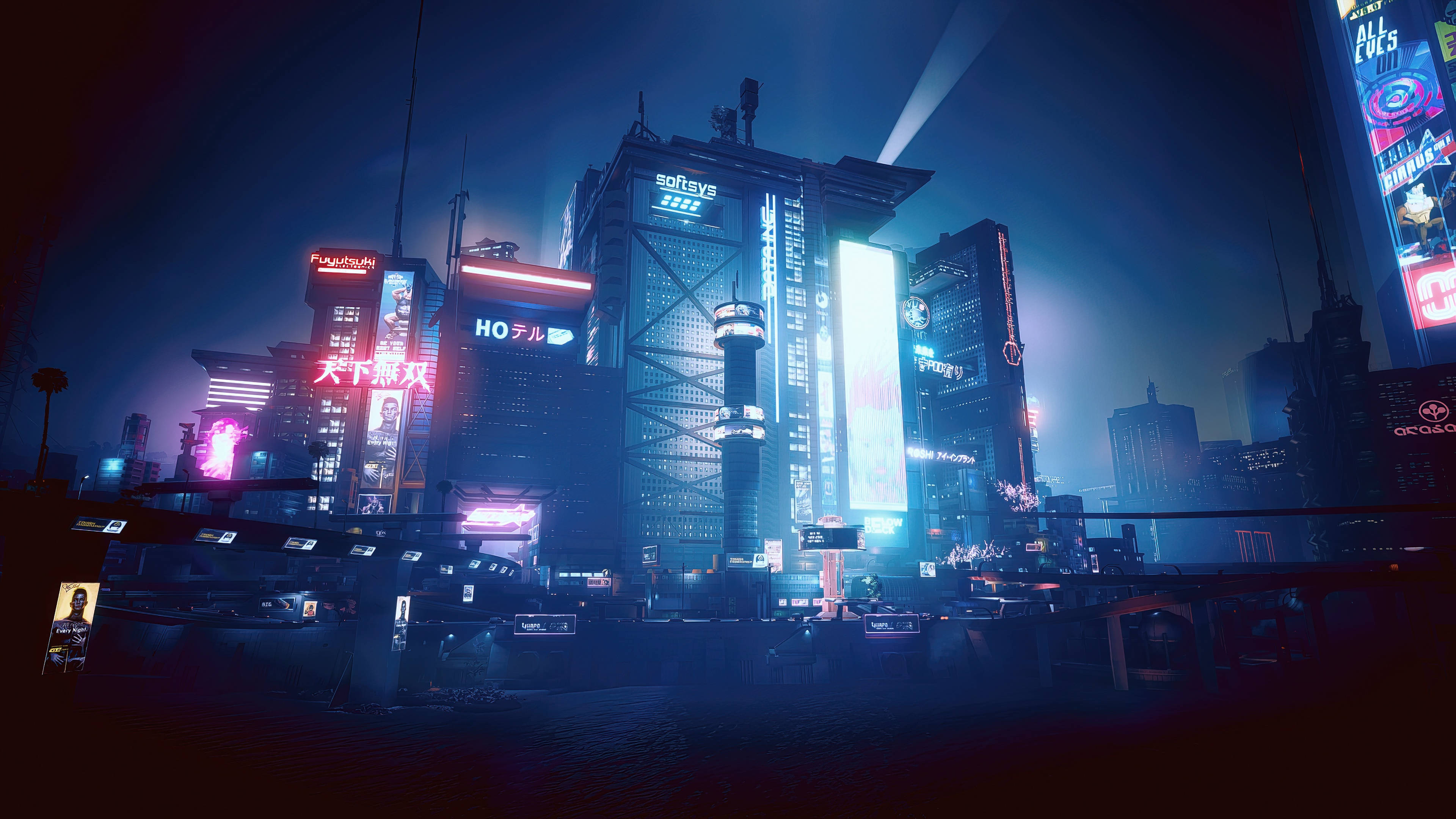 桌布 壁紙 — 一個充滿霓虹燈的賽博龐克城市夜景，高聳的摩天大樓在黑暗的天空下閃耀。