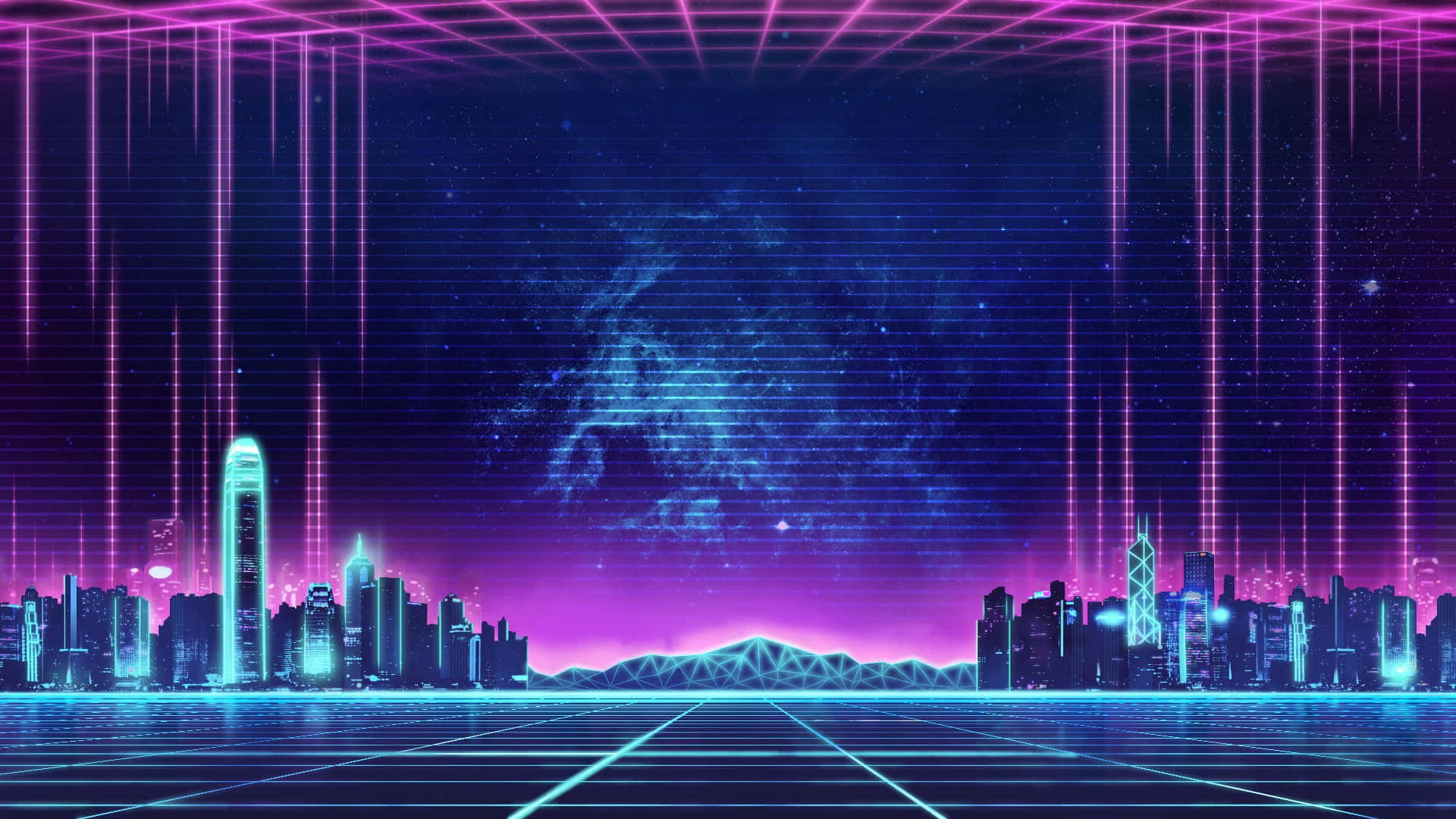 Neon City Aesthetic 桌布 壁紙 — 一個充滿霓虹燈的賽博龐克城市夜景，有發光的摩天大樓和由網格線框住的星空數位天空。