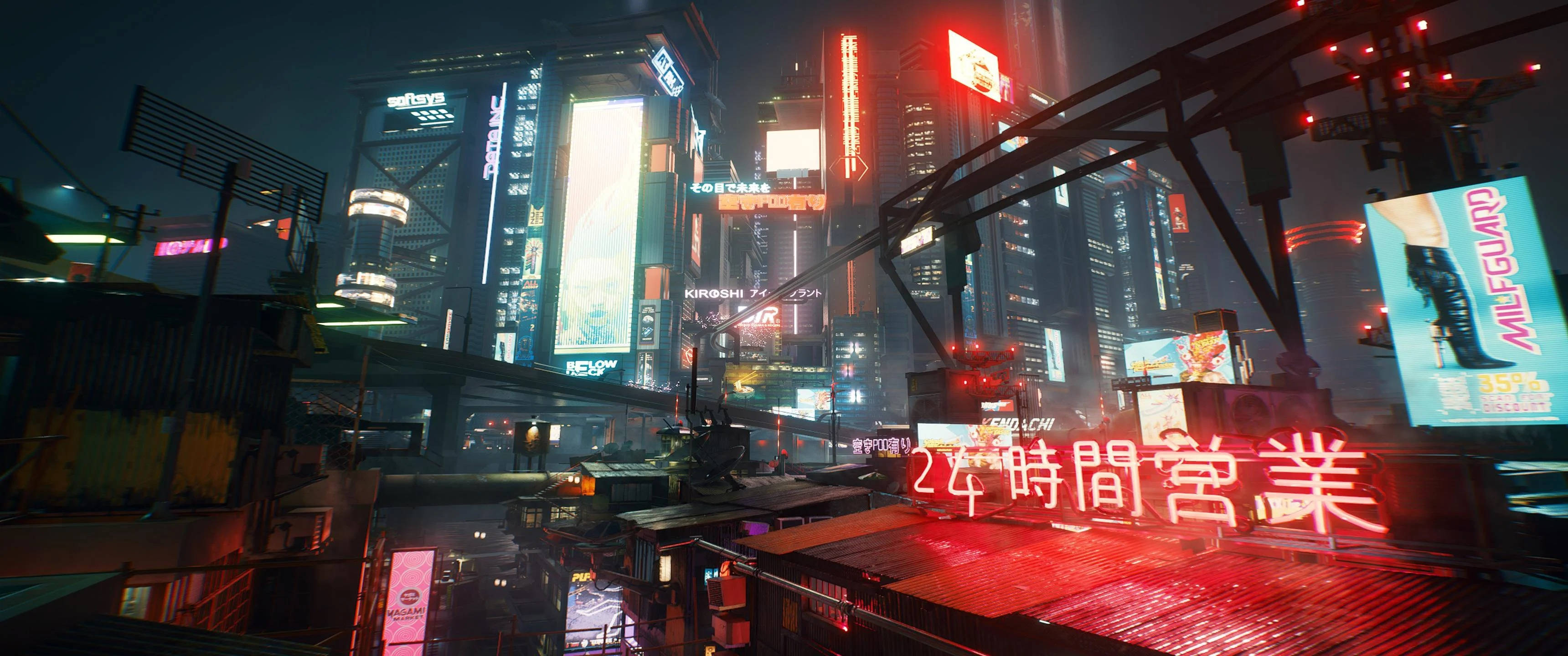 桌布 壁紙 — 一個充滿霓虹燈的賽博龐克城市夜景，高聳的摩天大樓在雨濕的街道下發光。
