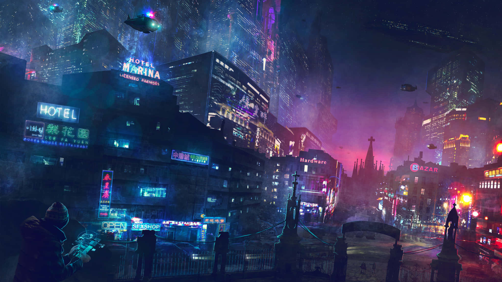 2048x1152 桌布 壁紙 — 一個充滿霓虹燈的賽博龐克城市夜景，飛行車輛和發光招牌倒映在濕漉漉的街道上。