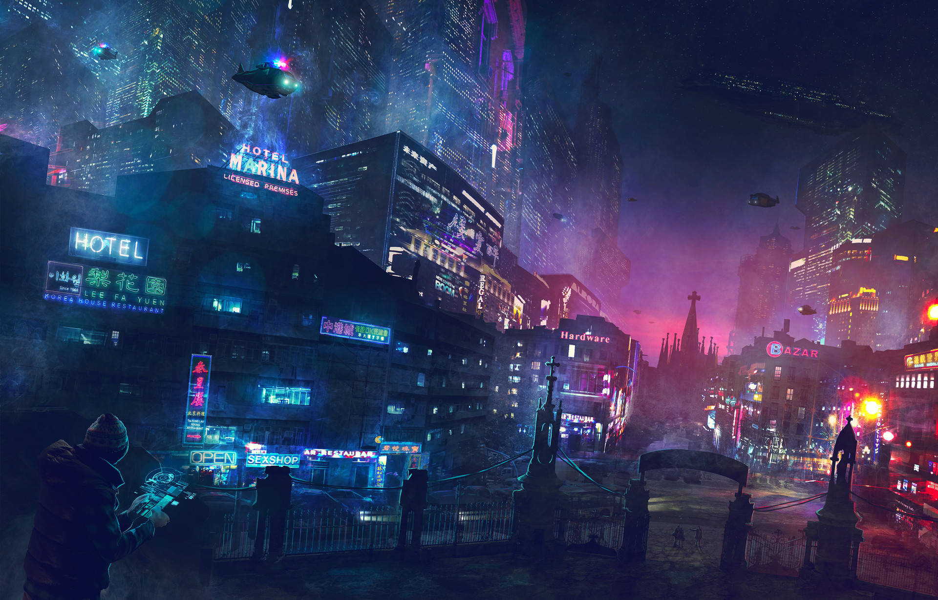 lights 桌布 壁紙 — 一個充滿霓虹燈的賽博龐克城市夜景，有飛行車輛和發光招牌映照在濕漉漉的街道上。