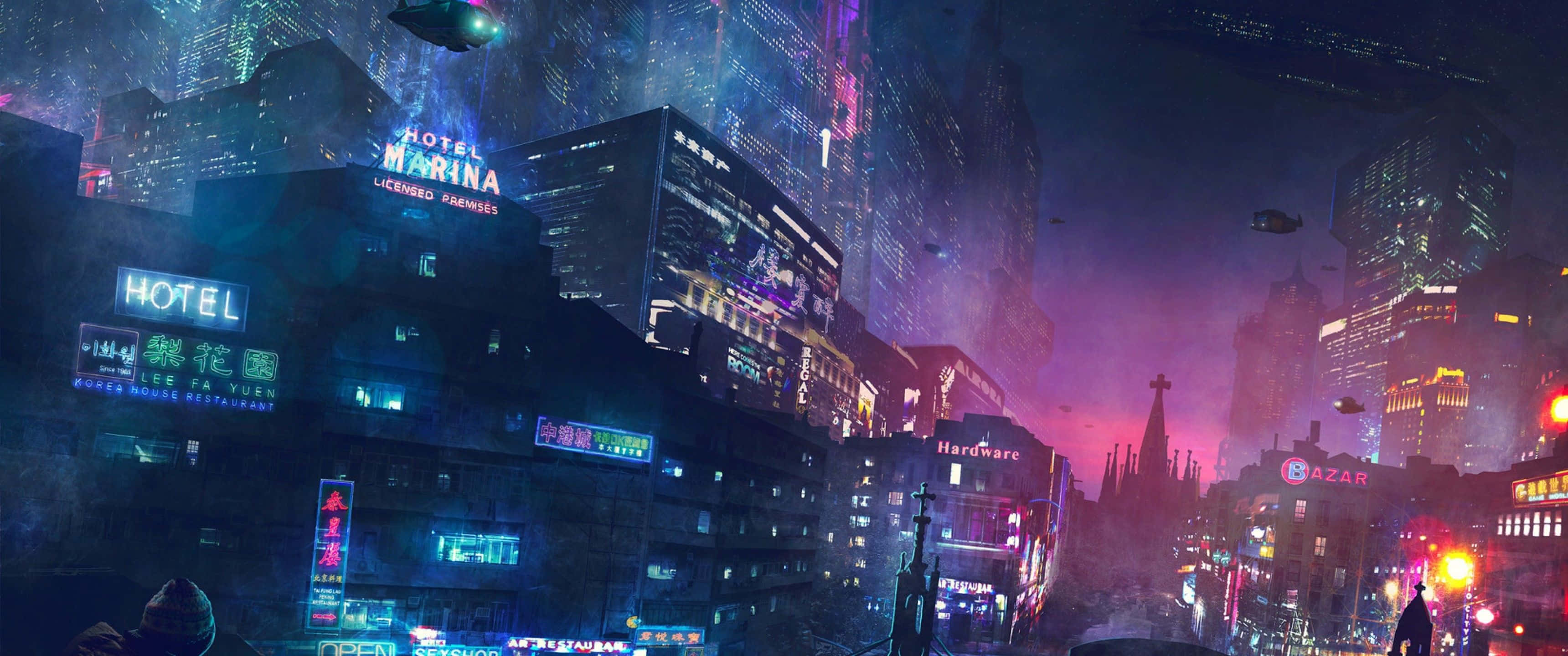 遊戲 桌布 壁紙 — 一個充滿霓虹燈的賽博龐克城市夜景，飛行車輛和發光招牌在濕漉漉的街道上反射。