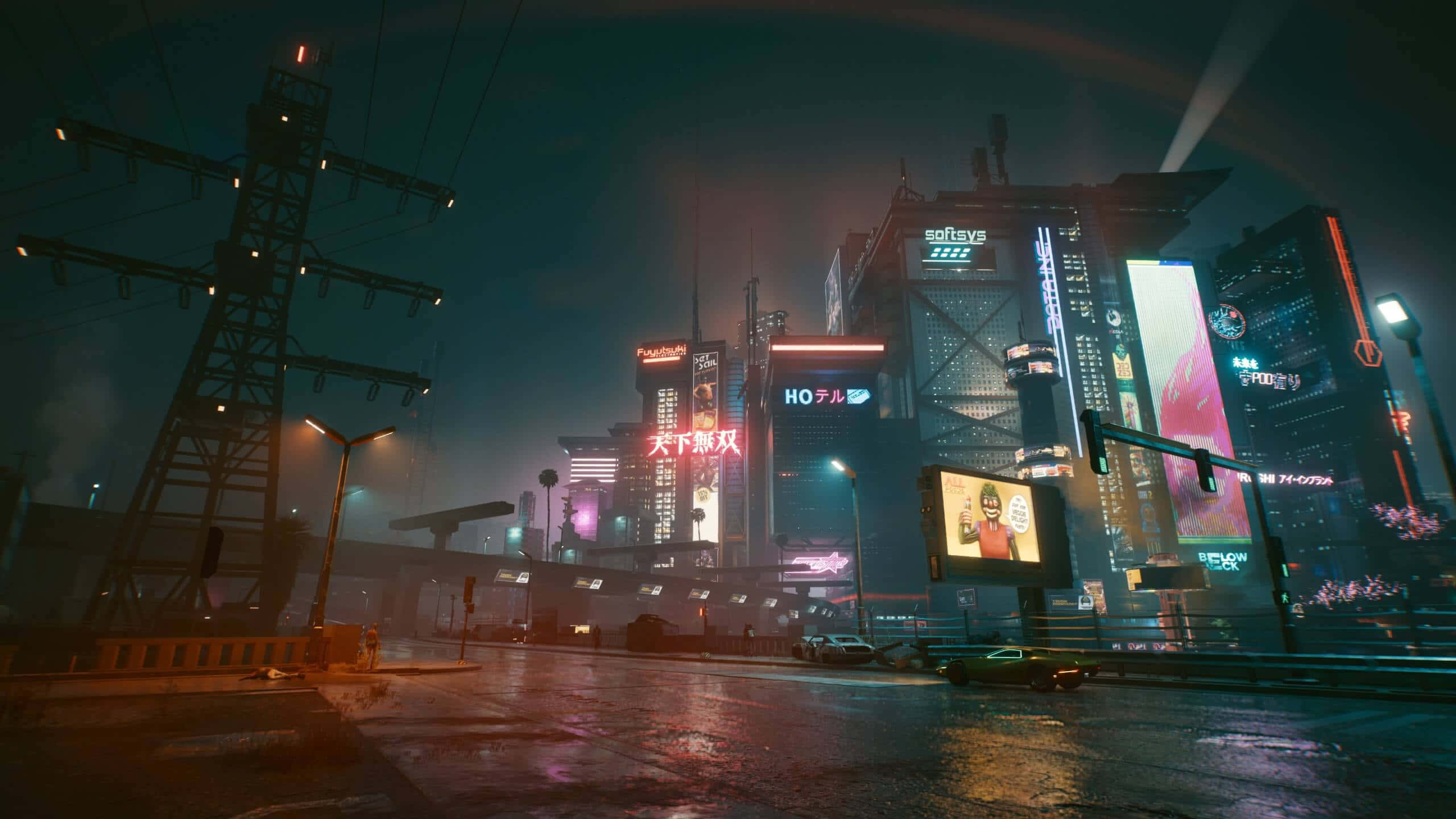 電玩遊戲 桌布 壁紙 — 一個充滿霓虹燈的賽博龐克城市夜景，高聳的摩天大樓在雨濕的街道下閃耀。
