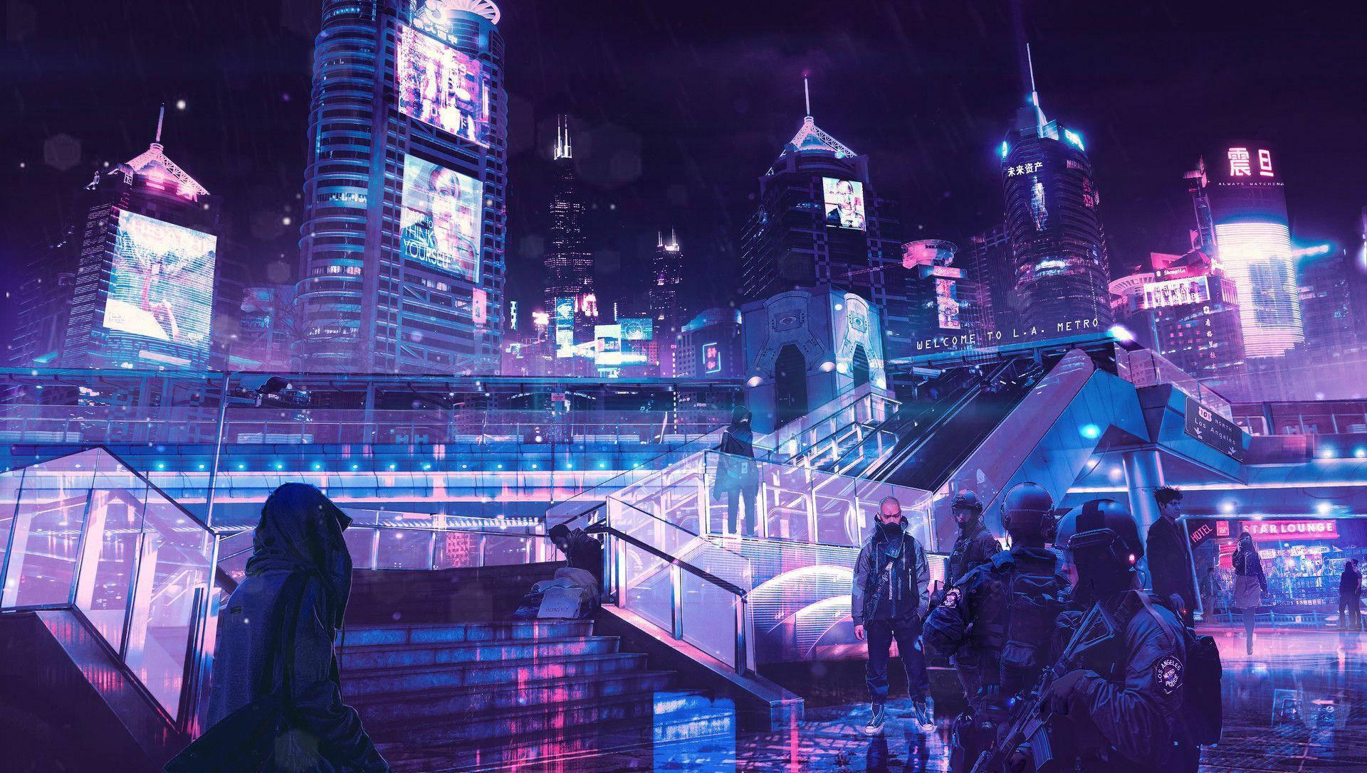 Anime Night City 桌布 壁紙 — 一個充滿霓虹燈的賽博龐克城市夜景，高聳的摩天大樓閃爍著全息廣告，武裝人物站在濕漉漉的樓梯上。