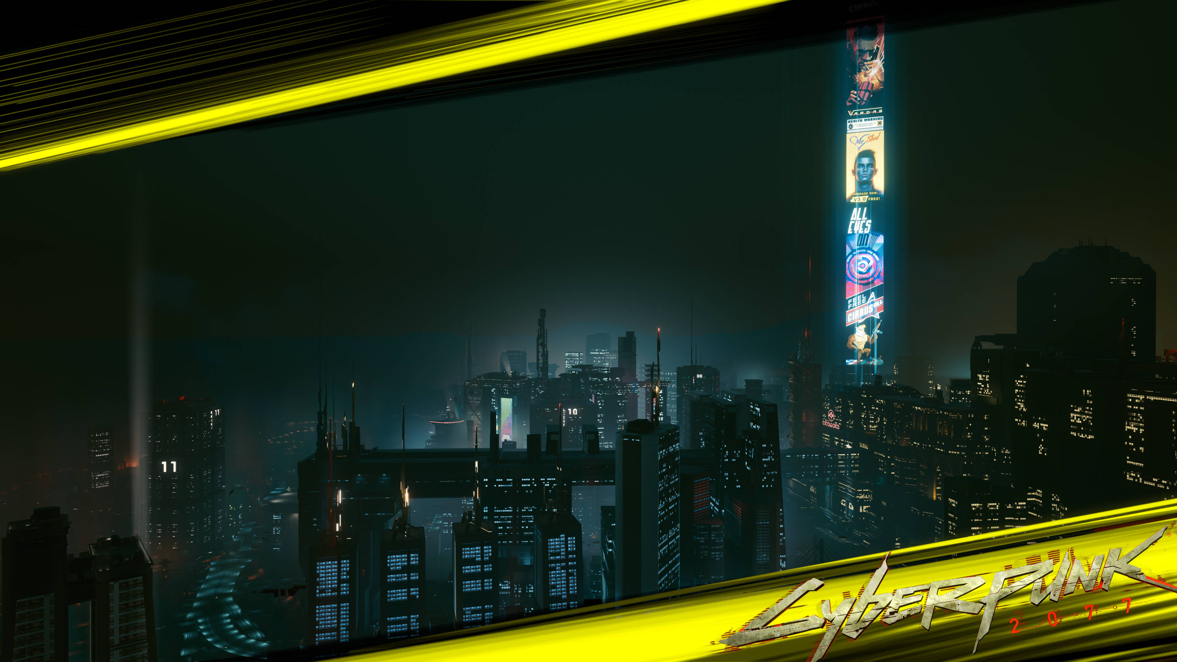 Cyberpunk Desktop 桌布 壁紙 — 一個充滿霓虹燈的賽博龐克城市夜景，高聳的摩天大樓和發光的廣告牌在黑暗的天空下。