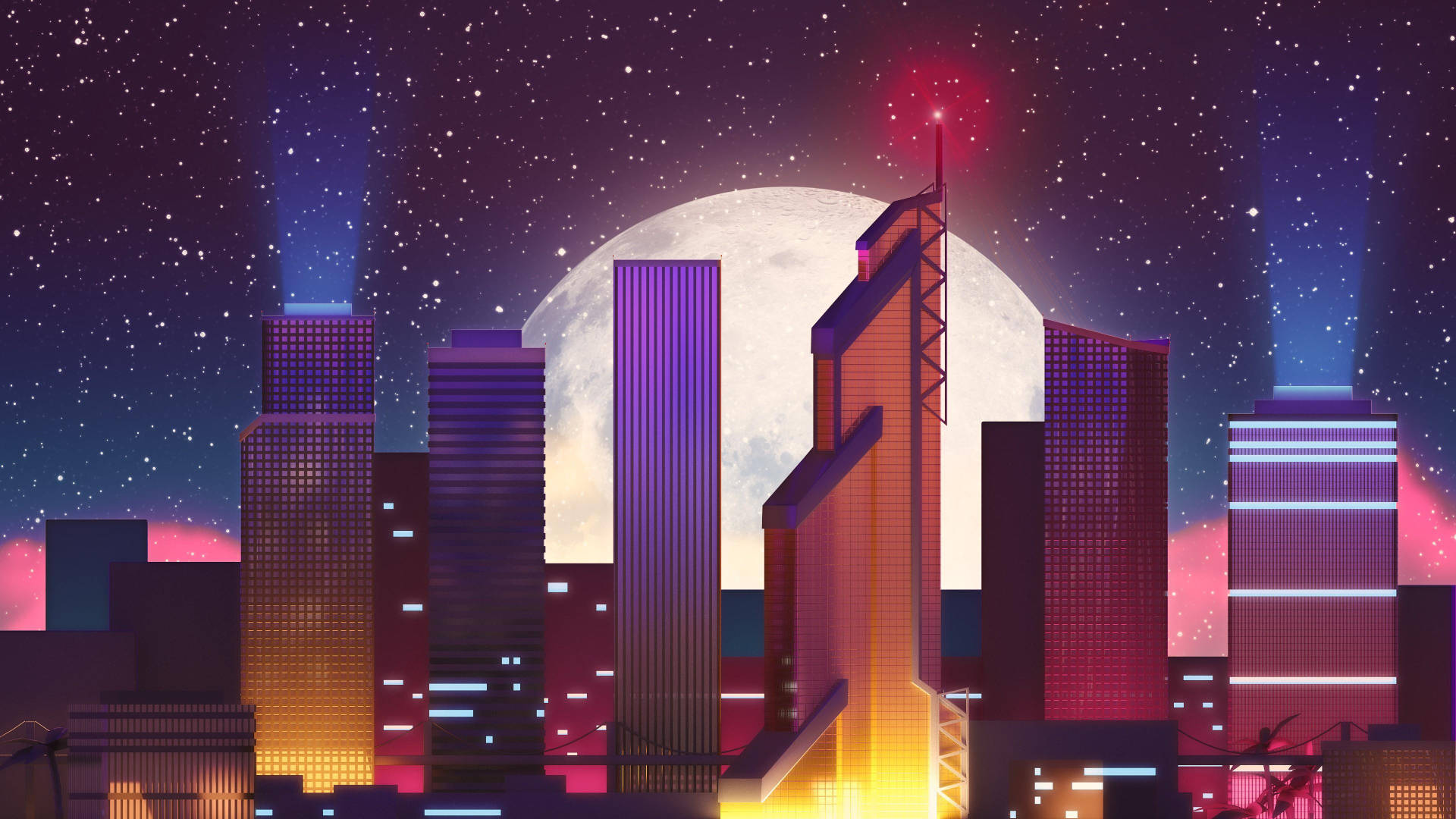 月亮與星星 桌布 壁紙 — 一個充滿霓虹燈的賽博龐克城市夜景，高聳的摩天大樓在巨大的月亮和星空下閃耀。