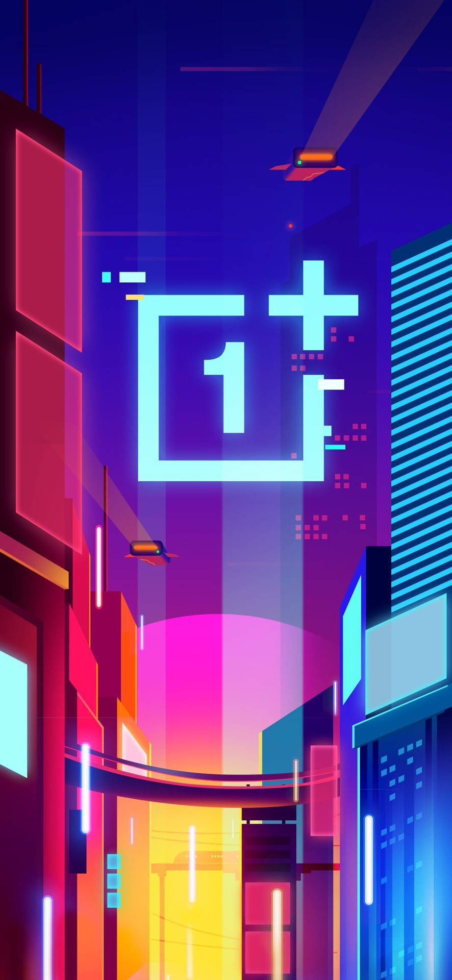  壁紙 — 一個充滿霓虹燈的賽博龐克城市景觀，在充滿活力的紫色天空下，有發光的摩天大樓和漂浮的車輛。