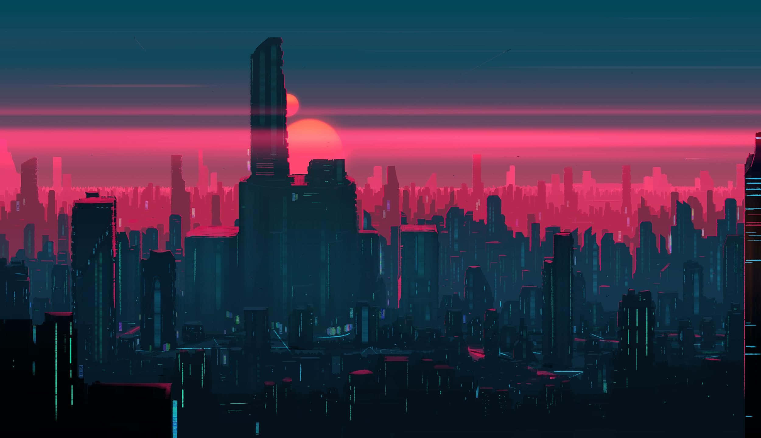 霓虹城市動態圖 桌布 壁紙 — 一個充滿霓虹燈的賽博龐克城市景觀，在日落時分，高聳的摩天大樓在發光的粉紅色和藍綠色天空襯托下形成剪影。