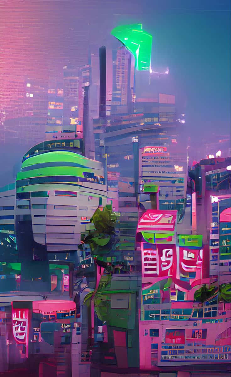 桌布 壁紙 — 一個充滿霓虹燈的賽博龐克城市景觀，高聳的摩天大樓在朦朧的暮色天空下閃爍著粉紅色和綠色的光芒。