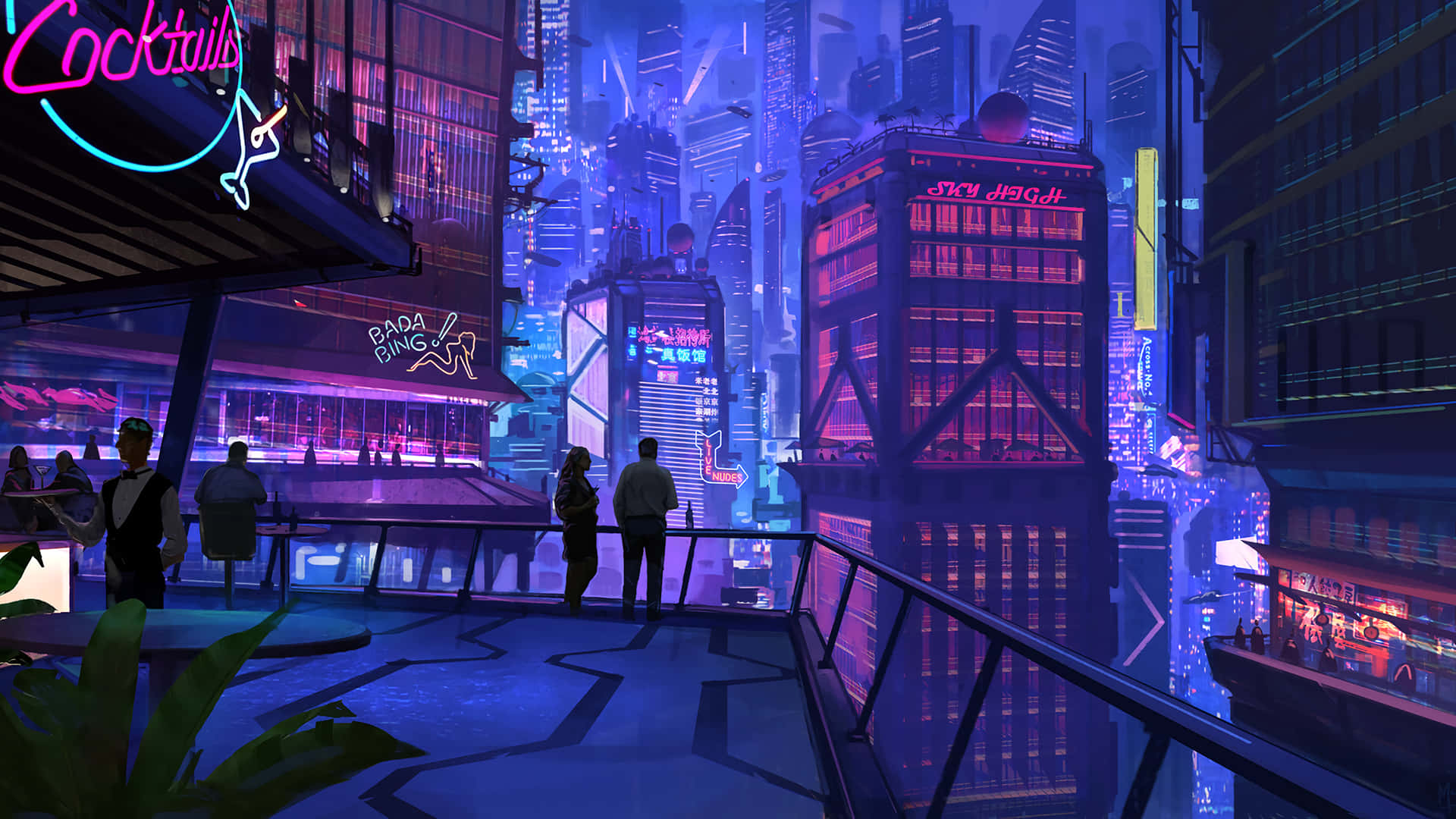 Cyberpunk Night City 桌布 壁紙 — 一個充滿霓虹燈的賽博龐克屋頂酒吧，俯瞰著一座閃爍著紫色和粉紅色燈光的高聳城市景觀。