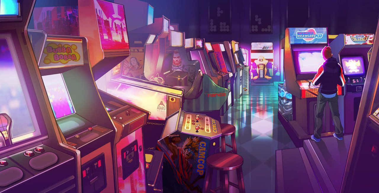 arcade 桌布 壁紙 — 一個充滿霓虹燈的遊戲機中心，內有發光的機器，以及一個孤獨的玩家在充滿活力的紫色和粉紅色燈光下沉浸在遊戲中。