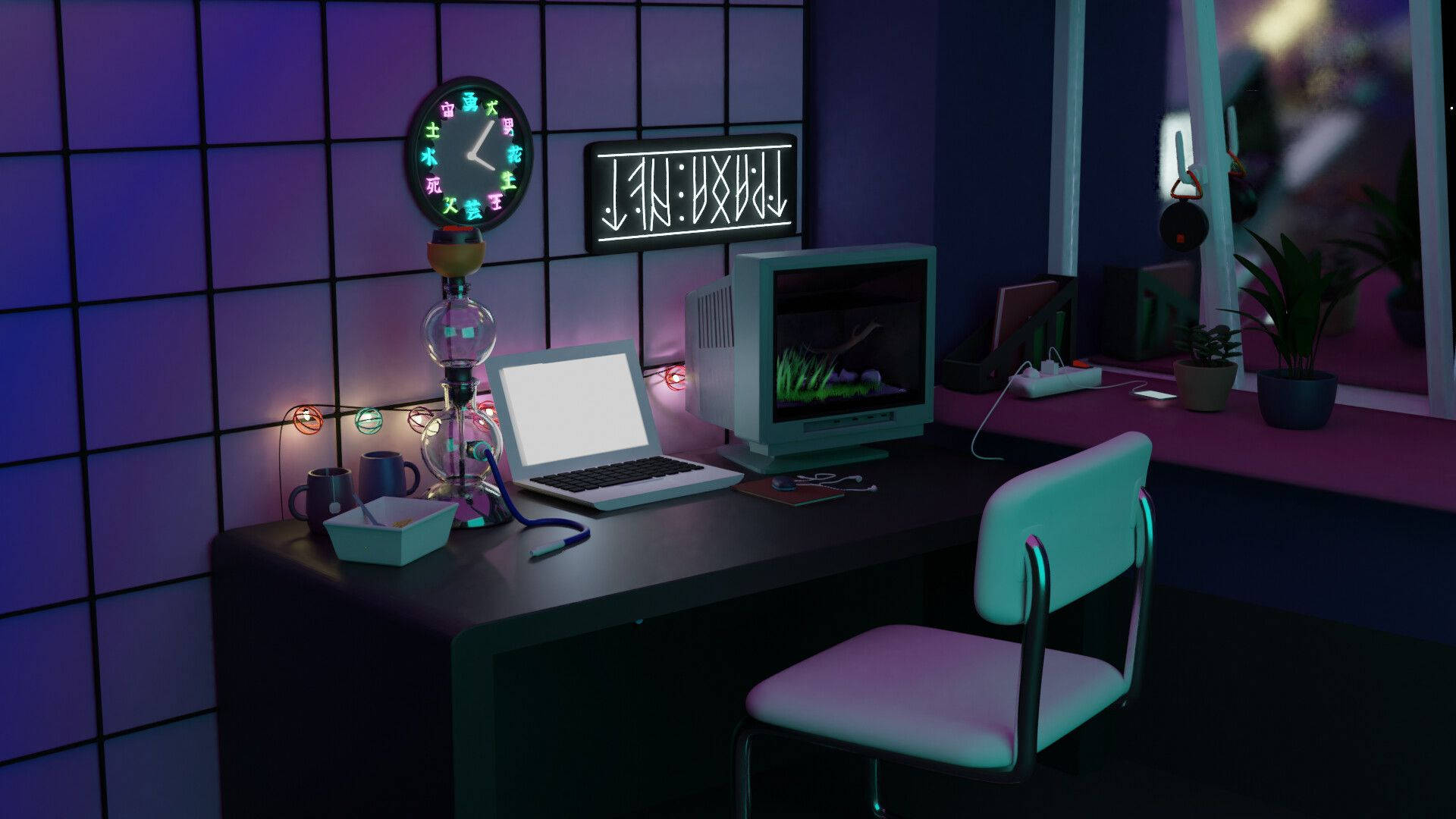 chair 桌布 壁紙 — 一個充滿霓虹紫色光芒的復古未來風格家居辦公室，深色桌子上放著一台復古電腦和發光時鐘。