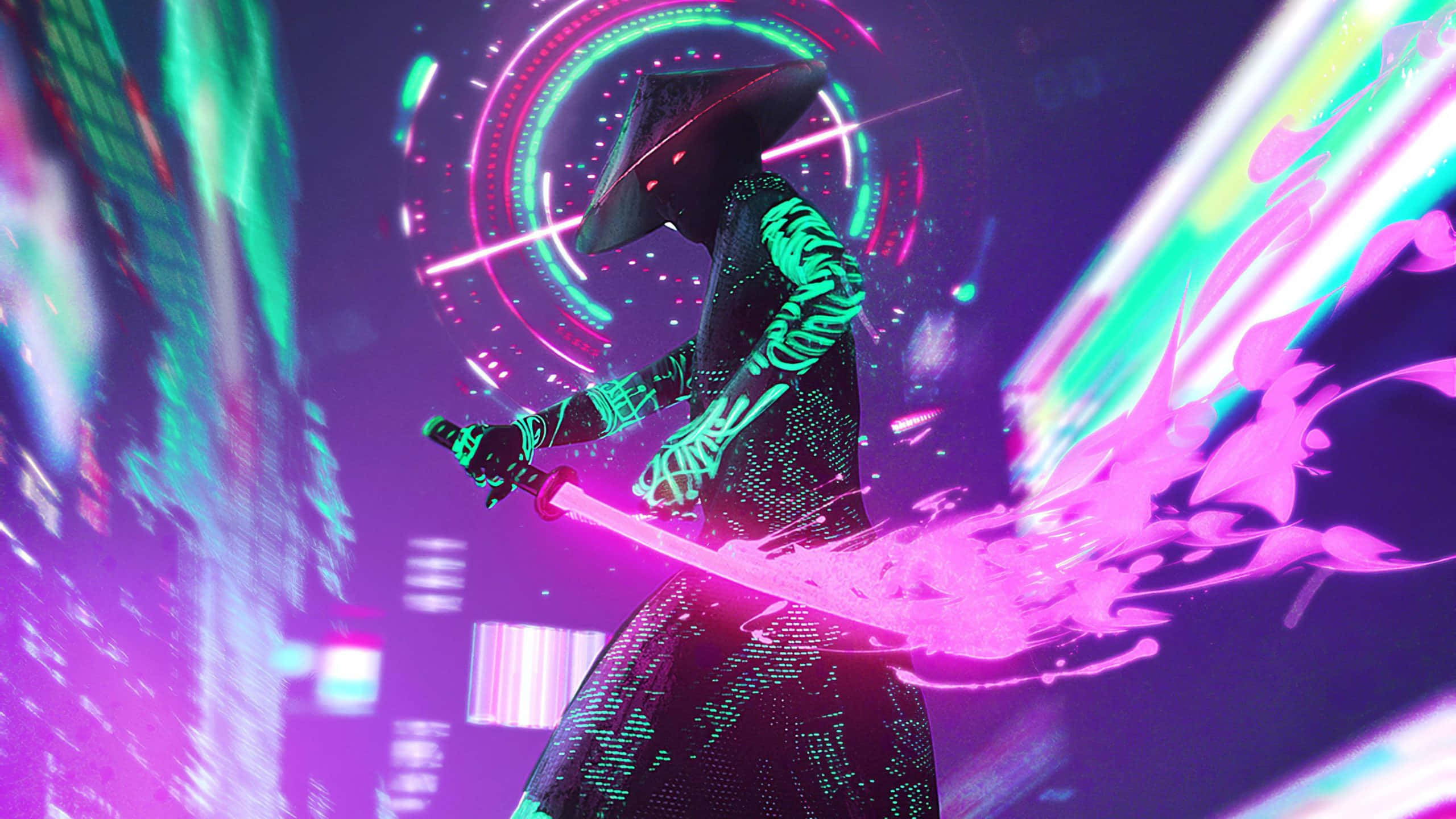 Cyberpunk Aesthetic 桌布 壁紙 — 一個充滿霓虹色彩的數位武士，在旋轉的賽博龐克能量和全息環中揮舞著發光的劍。