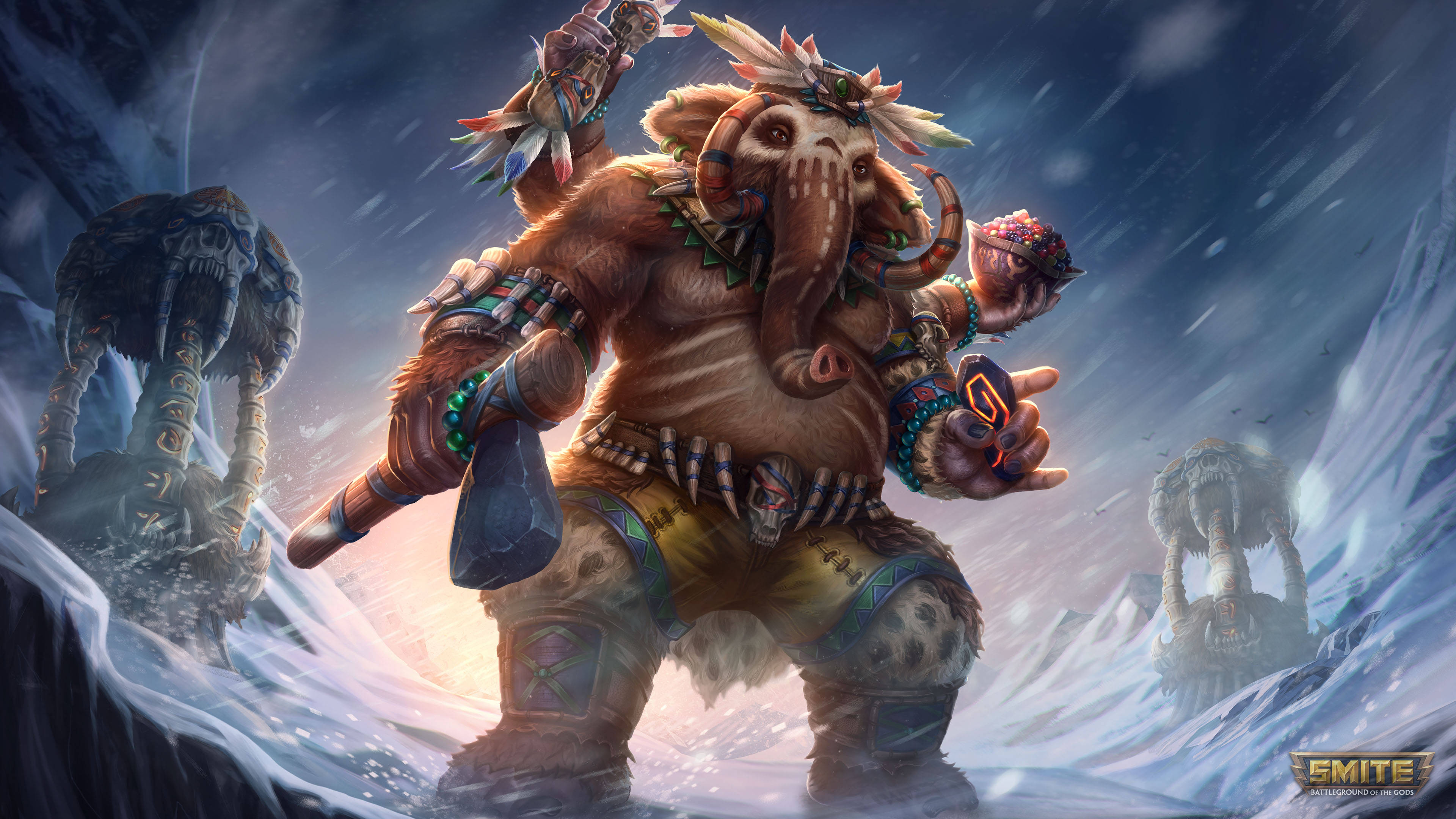 ganpati 4K 桌布 壁紙 — 一個兇猛、毛茸茸的戰士，長有獠牙和部落飾物，在風暴天空下的雪地山口挑釁地站立。