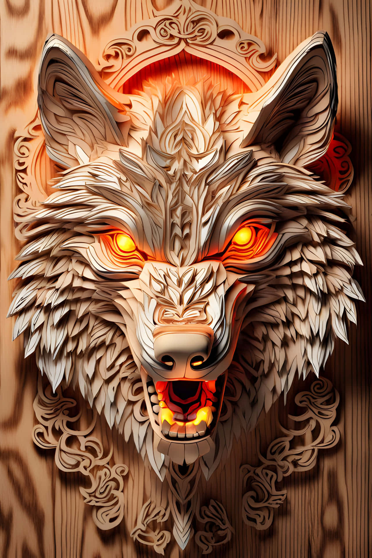 Angry Carved Wooden Wolf Head 壁紙 — 一個兇猛、雕刻精細的木狼頭，帶有發光的橙色眼睛和張開的嘴巴，在紋理木質背景前顯露出火焰般的光芒。